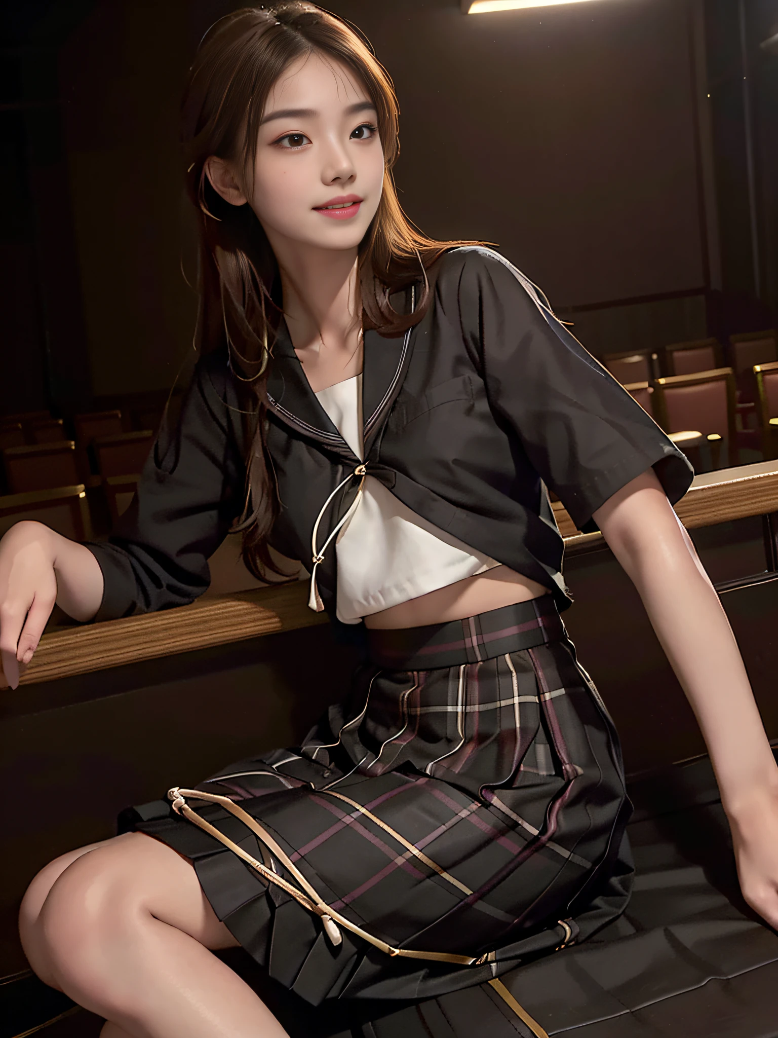 Top quality, full body profile, Golden Ratio, (Theater lighting: 0.7), Masterpiece, Angle of View, Beautiful Smile, (Tanned skin, Charming 18 years) (AdreaLee) Looking straight, mysteriously happy, sitting on a mattress, curved body (wearing Japanese school uniform). Long straight brown hair, tangle sunset, full body image, perfect face, breathtaking eyes, vivid detail (highly detailed skin). Accent lighting depth of field, old camera, conscious, digital beads, black plaid skirt, fine skin, skinny,