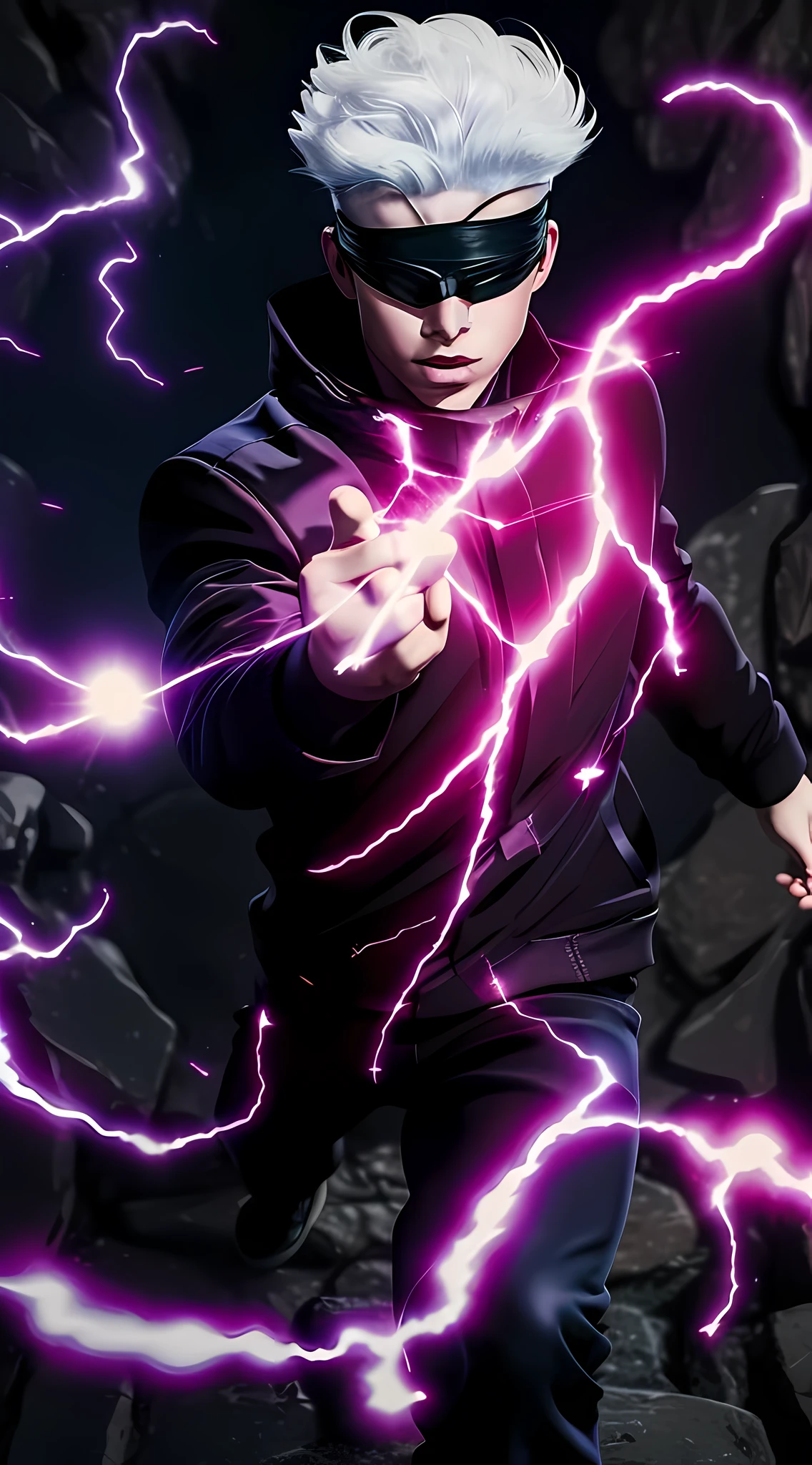 best quality, masterpiece, highres, 1boy, male, solo, upper body, blindfold, black jacket, using his powers, white hair, full body, sending a ball of red and blue energy, (perfect anatomy).