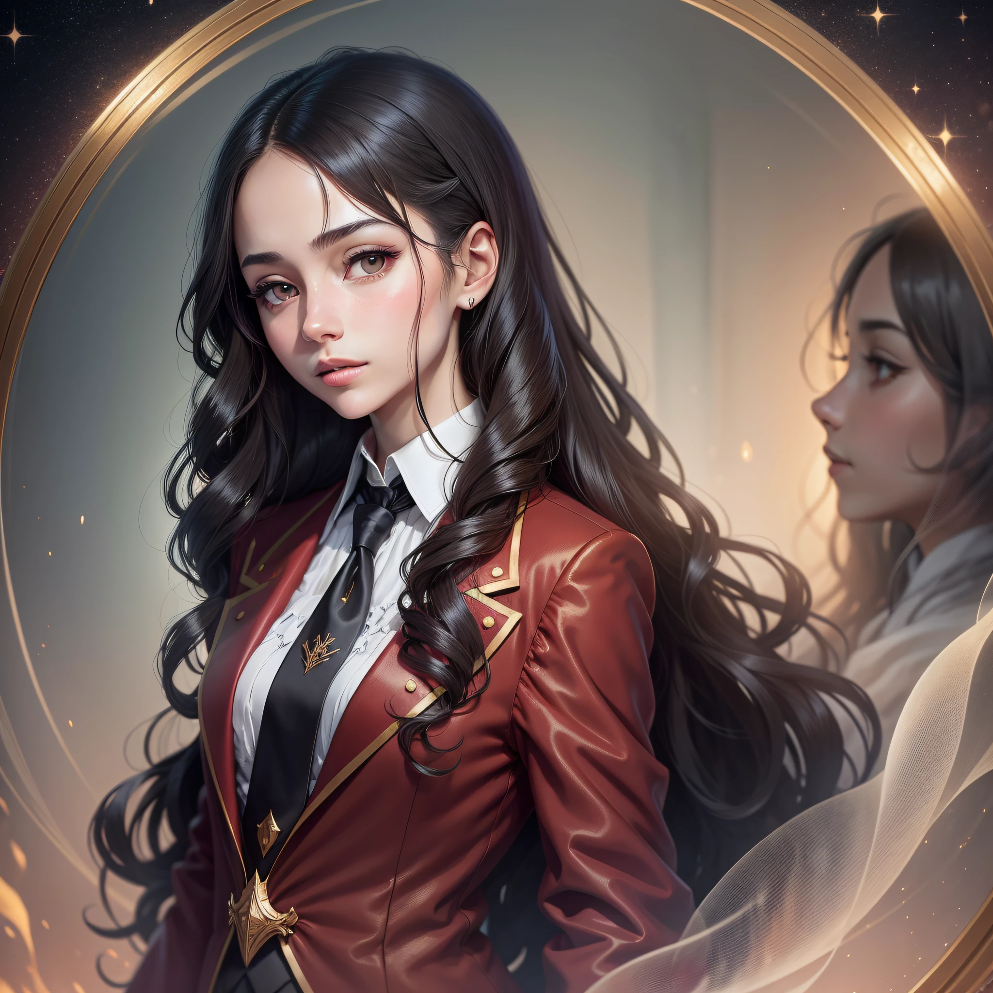 Julia Hender, a student at the University of Phoenix, the largest school of magic in the Kingdom of Lohania, in the year 1750. Julia is an extremely studious -yeld, dting most of her time to the study of history and the observation of the stars through her telescope. She is known for her impeccable upbringing, her delicacy and her laid-back. Julia cares a lot about her appearance and always seeks to look beautiful. He has completely black, lightly wavy hair, light brown eyes, a curious and dreamy look, a thin face and a formal posture. Julia always wears formal clothes, such as a suit and tie. I would like the illustration to highlight these striking features, especially her beauty, thinness, and fragile health. I would like the illustration to depict her wearing formal clothes, such as a suit and tie, with a red wizard's robe on top, characteristic of the time.