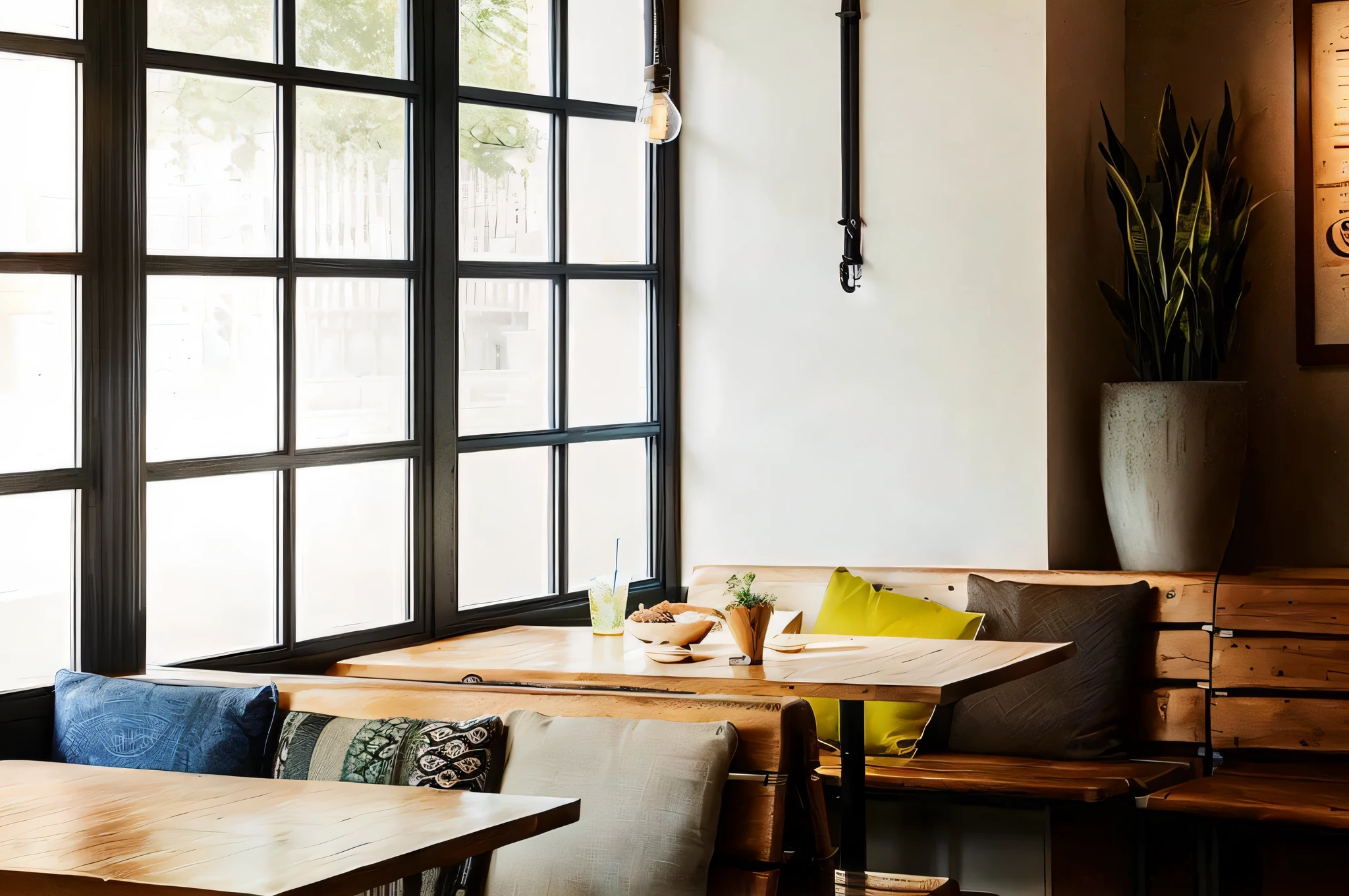 there are many tables and chairs in a restaurant with a large window, with backdrop of natural light, natural light outside, crisp details, sublime-comfy-elegant ambience, comfy ambience, natural lighting, confortable atmosphere, soft natural light, soft natural lighting, crisp image texture, cafe tables, natural light in room, cafe interior, floor - to - ceiling windows --auto --s2