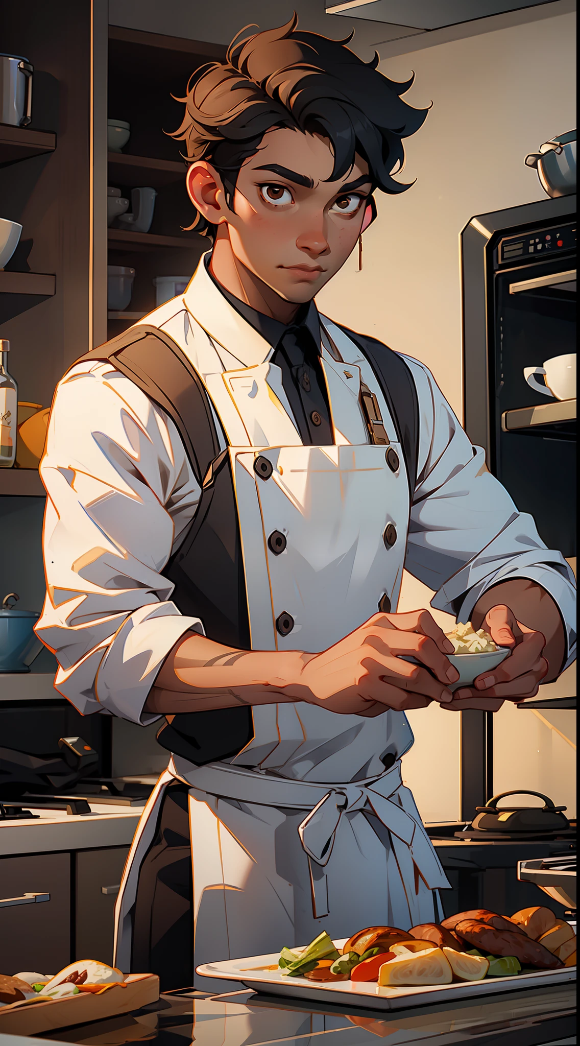 "A young chef with black hair and brown eyes, uses his passion for cooking to save the world"