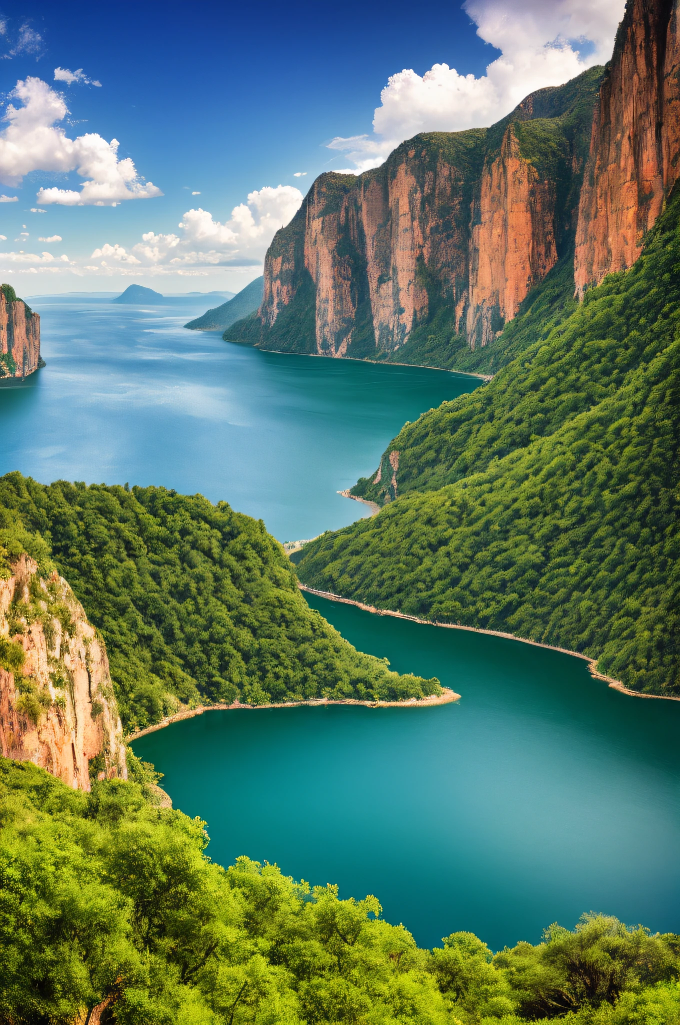 Masterpiece, ultimate quality, Cg unity 8k wallpaper, super delicate, beautiful sky and clouds, rich natural scenery, cliffs, lakes and rivers, waterfalls and flying water, beautiful green mountains, no trace of people, excellent scenery, has already won a photo contest, background Blurring, full depth of field, HDR high dynamics, true restoration, intricate, extreme details, dramatic presentation, perfectly presenting the style of midjourney art.