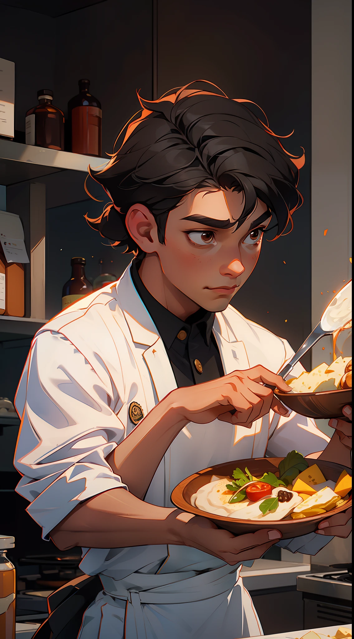 "A young chef with black hair and brown eyes, uses his passion for cooking to save the world"