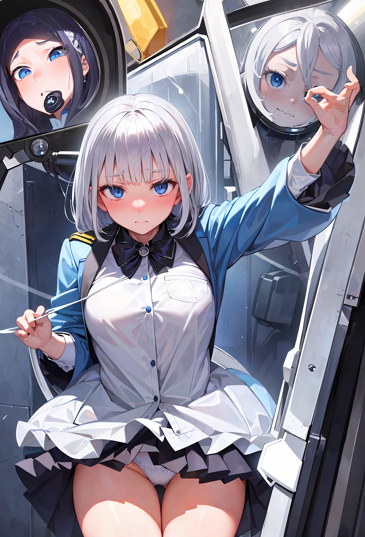 ((Masterpiece), Best Quality, Girl, (Uniform), Schoolgirl, Silver Shorthair, Blue Eyes, (Skirt Deflected), (White Panties), (Shy Face), (Shy Face), (Clear Face), Perfect Anatomy