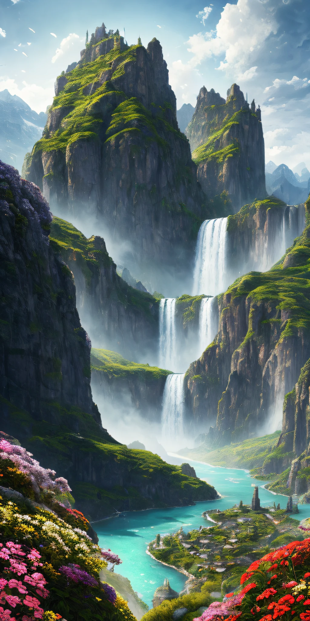 masterpiece, best quality, high quality, extremely detailed CG unity 8k wallpaper, scenery, outdoors,flower, cloud, day, no humans, mountain, landscape, water, tree, snowing, waterfall, cliff, nature, lake, river, snowflakes,award winning photography, Bokeh, Depth of Field, HDR, bloom, Chromatic Aberration ,Photorealistic,extremely detailed, trending on artstation, trending on CGsociety, Intricate, High Detail, dramatic, art by midjourney