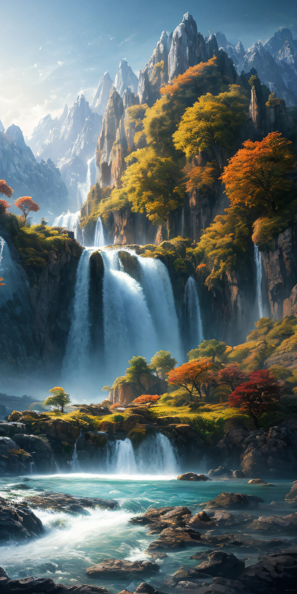 masterpiece, best quality, high quality, extremely detailed CG unity 8k wallpaper, scenery, outdoors,flower, cloud, day, no humans, mountain, landscape, water, tree, snowing, waterfall, cliff, nature, lake, river, snowflakes,award winning photography, Bokeh, Depth of Field, HDR, bloom, Chromatic Aberration ,Photorealistic,extremely detailed, trending on artstation, trending on CGsociety, Intricate, High Detail, dramatic, art by midjourney