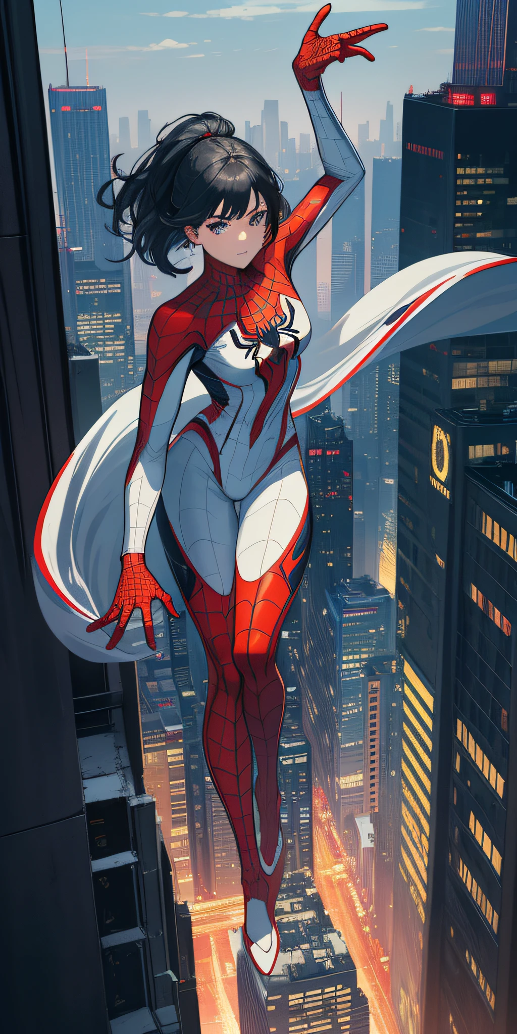ultra high res, detailed face, (masterpiece, best quality), intricate details, 1girl, wearing spiderman costume, white spider man suit, black hair, 30 years old, full body, pants, photorealistc, night time, skyscraper, on top of building