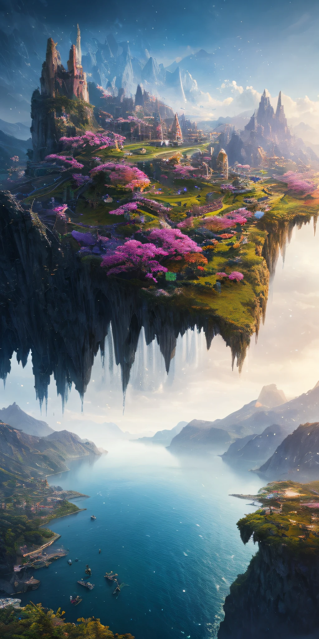 masterpiece, best quality, high quality, extremely detailed CG unity 8k wallpaper, scenery, outdoors,flower, cloud, day, no humans, mountain, landscape, water, tree, snowing, waterfall, cliff, nature, lake, river, snowflakes,award winning photography, Bokeh, Depth of Field, HDR, bloom, Chromatic Aberration ,Photorealistic,extremely detailed, trending on artstation, trending on CGsociety, Intricate, High Detail, dramatic, art by midjourney