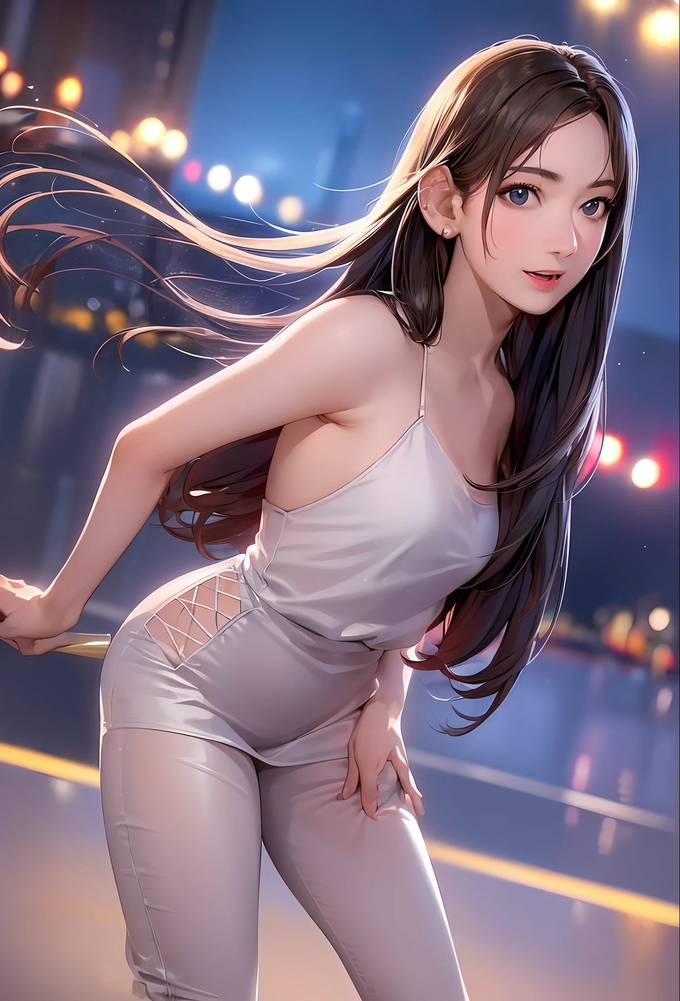 (8k, best quality, masterpiece: 1.2), (realistic, realistic:1.37), super detailed, 1 girl, cute, solo, standing, midnight, beautiful detailed sky, detailed café, (nose red), (smile: 1.15), (open mouth) small breasts, beautiful delicate eyes, flowing hair NovaFrogStyle, backless outfit, thighs