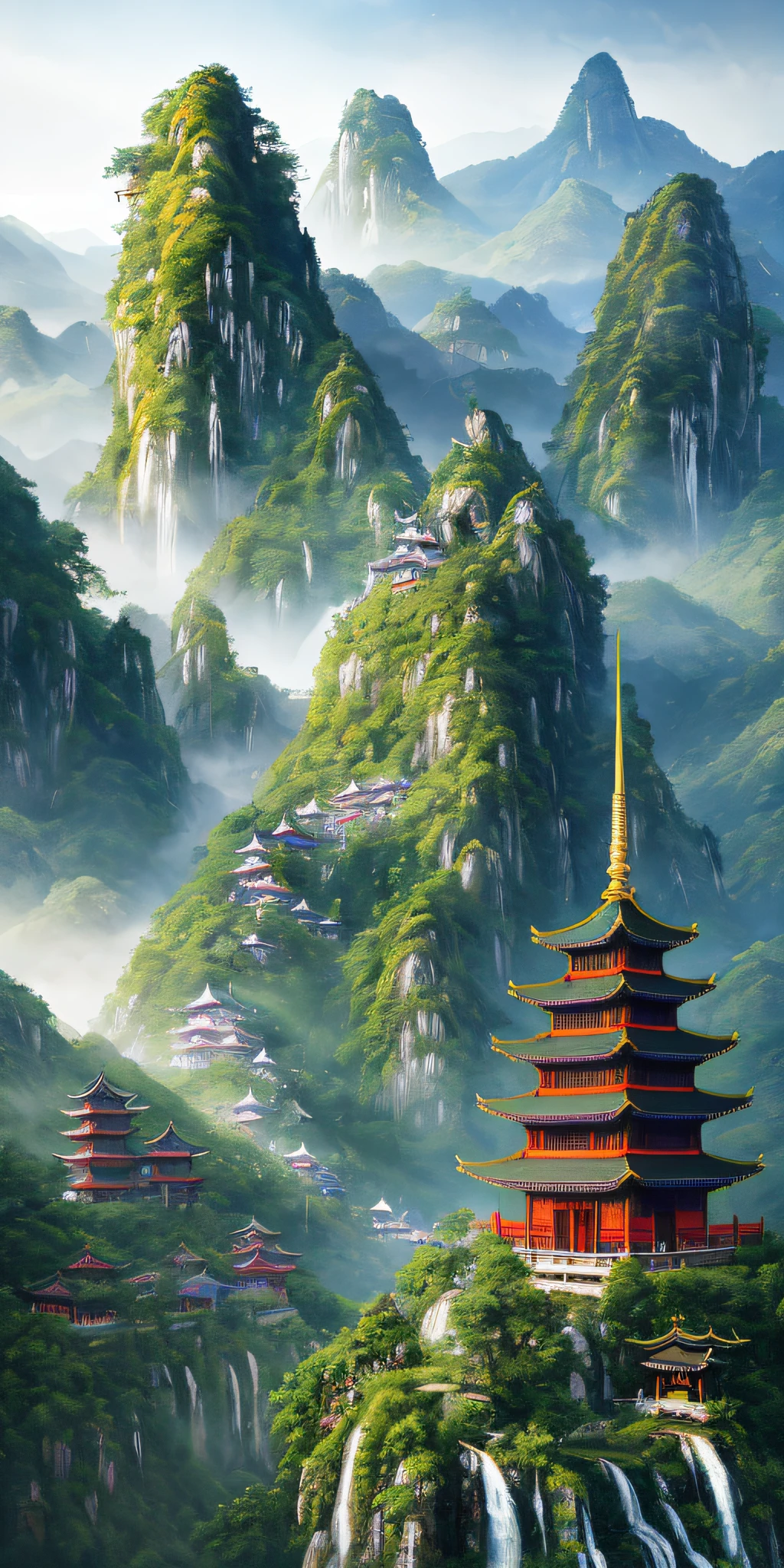 2. Mountain view with waterfall and pagoda in the middle, painted scene by Han Gan, winner of cg society competition, fantasy art, dreamy Chinese town, Chinese landscape, Chinese fantasy, made of trees and fantasy valley, ancient city view, order Impressive fantasy landscape, most epic landscape, pagoda on hill, mountainous jungle environment, avatar landscape, chinese village.