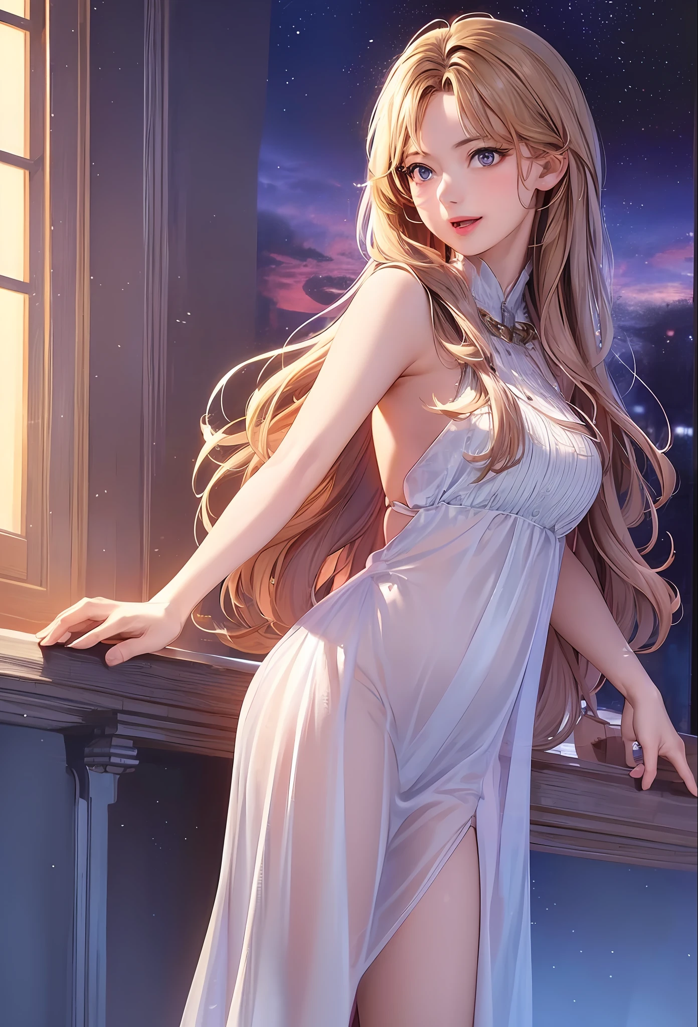 (8k, best quality, masterpiece: 1.2), (realistic, realistic:1.37), super detailed, 1 girl, cute, solo, standing, midnight, beautiful detailed sky, detailed café, (nose red), (smile: 1.15), (open mouth) small breasts, beautiful delicate eyes, flowing hair NovaFrogStyle, backless outfit, thighs