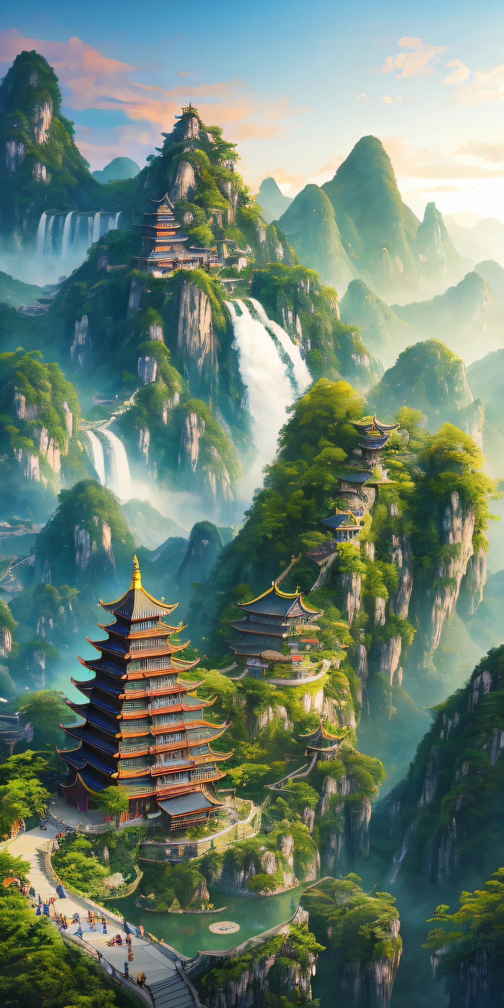 2. Mountain view with waterfall and pagoda in the middle, painted scene by Han Gan, winner of cg society competition, fantasy art, dreamy Chinese town, Chinese landscape, Chinese fantasy, made of trees and fantasy valley, ancient city view, order Impressive fantasy landscape, most epic landscape, pagoda on hill, mountainous jungle environment, avatar landscape, chinese village.