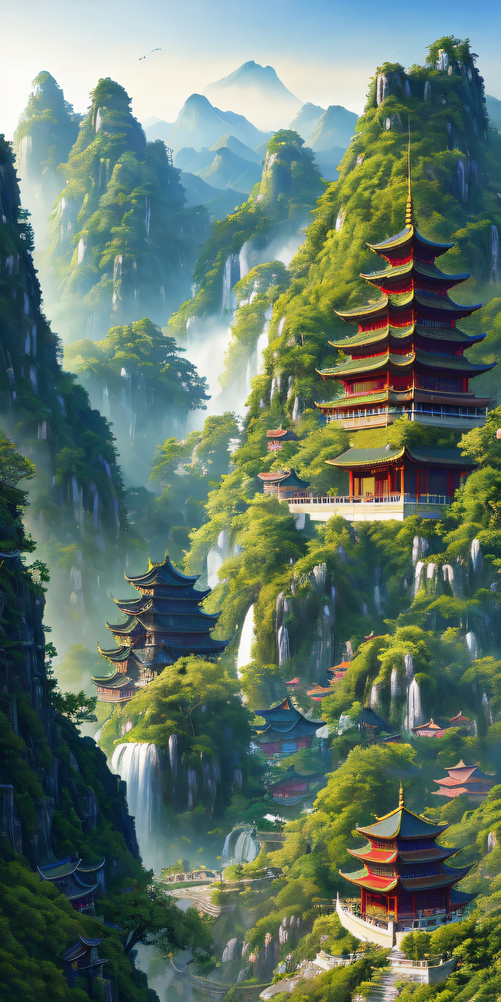 2. Mountain view with waterfall and pagoda in the middle, painted scene by Han Gan, winner of cg society competition, fantasy art, dreamy Chinese town, Chinese landscape, Chinese fantasy, made of trees and fantasy valley, ancient city view, order Impressive fantasy landscape, most epic landscape, pagoda on hill, mountainous jungle environment, avatar landscape, chinese village.