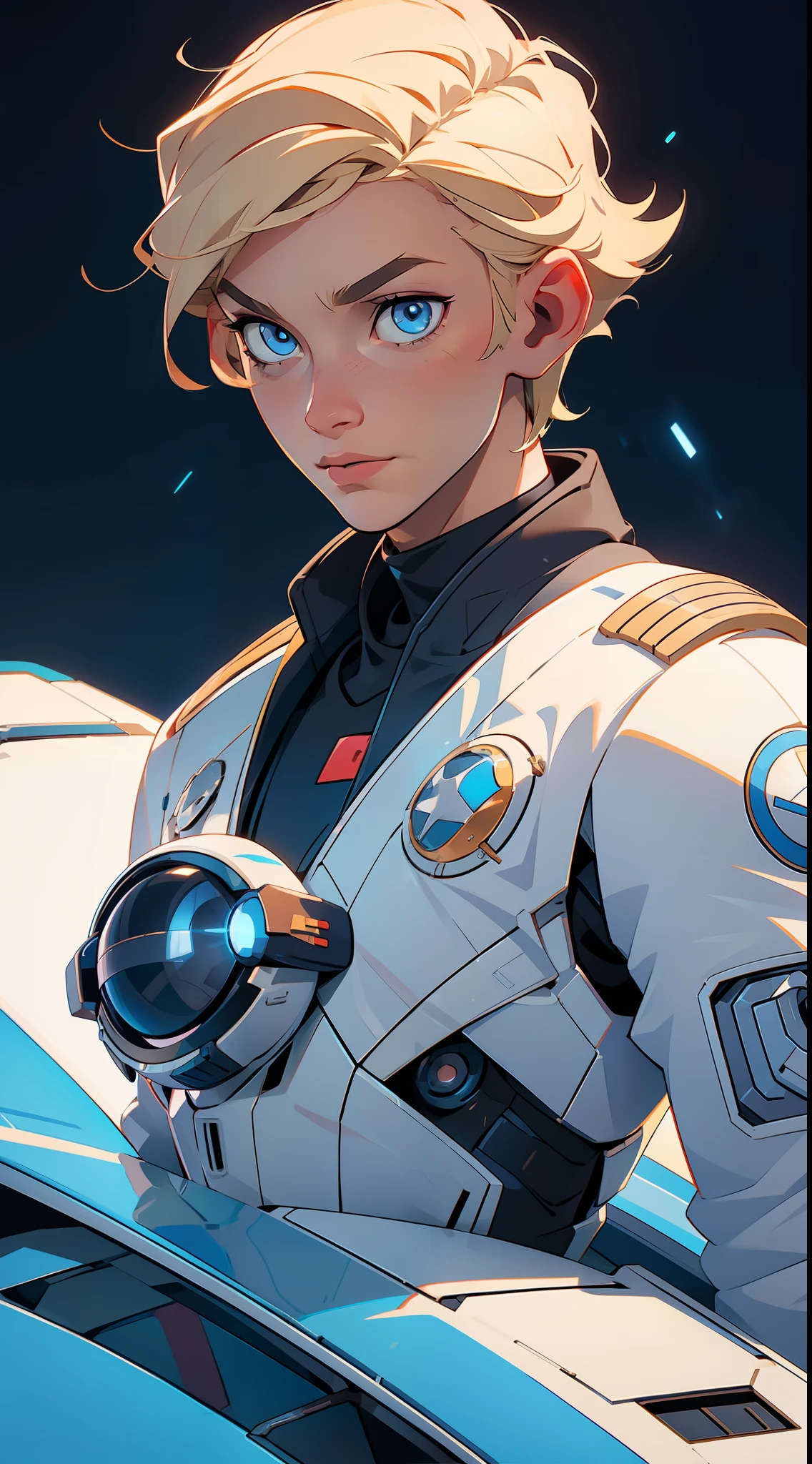 "A young pilot with blonde hair and blue eyes, has incredible abilities to pilot robots"