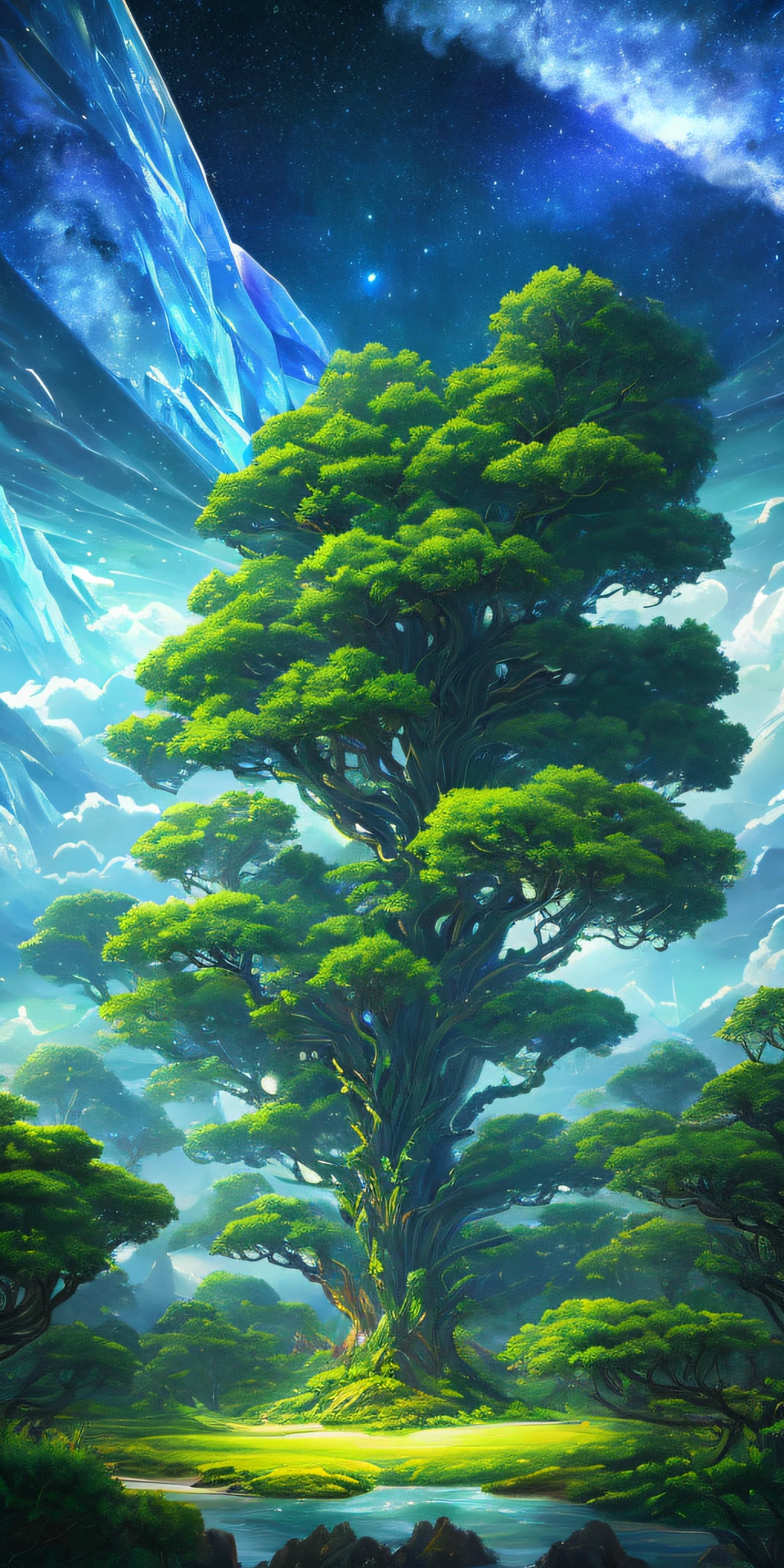 Illustration of a surreal, otherworldly, hyper sky scene including a giant crystal tree full body, highly detailed and magical lighting, intricate forest details, vegetation and surrounding river, solar punk, landscape, giant tree , beautiful green leaves, beautiful lighting and realistic proportions, as if this is a movie background, 8k, highest quality, masterpiece, clouds and stars in the sky.