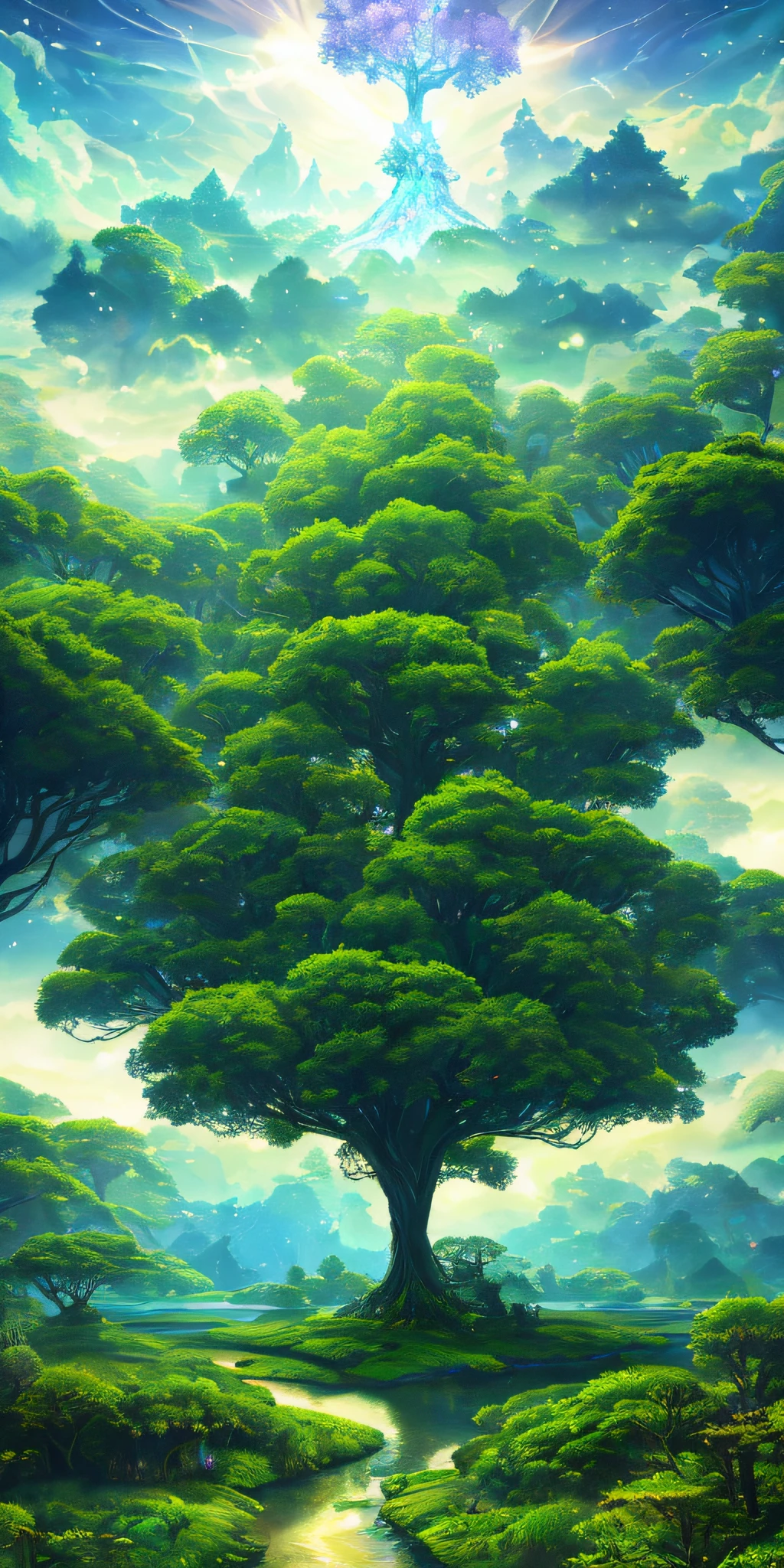 Illustration of a surreal, otherworldly, hyper sky scene including a giant crystal tree full body, highly detailed and magical lighting, intricate forest details, vegetation and surrounding river, solar punk, landscape, giant tree , beautiful green leaves, beautiful lighting and realistic proportions, as if this is a movie background, 8k, highest quality, masterpiece, clouds and stars in the sky.
