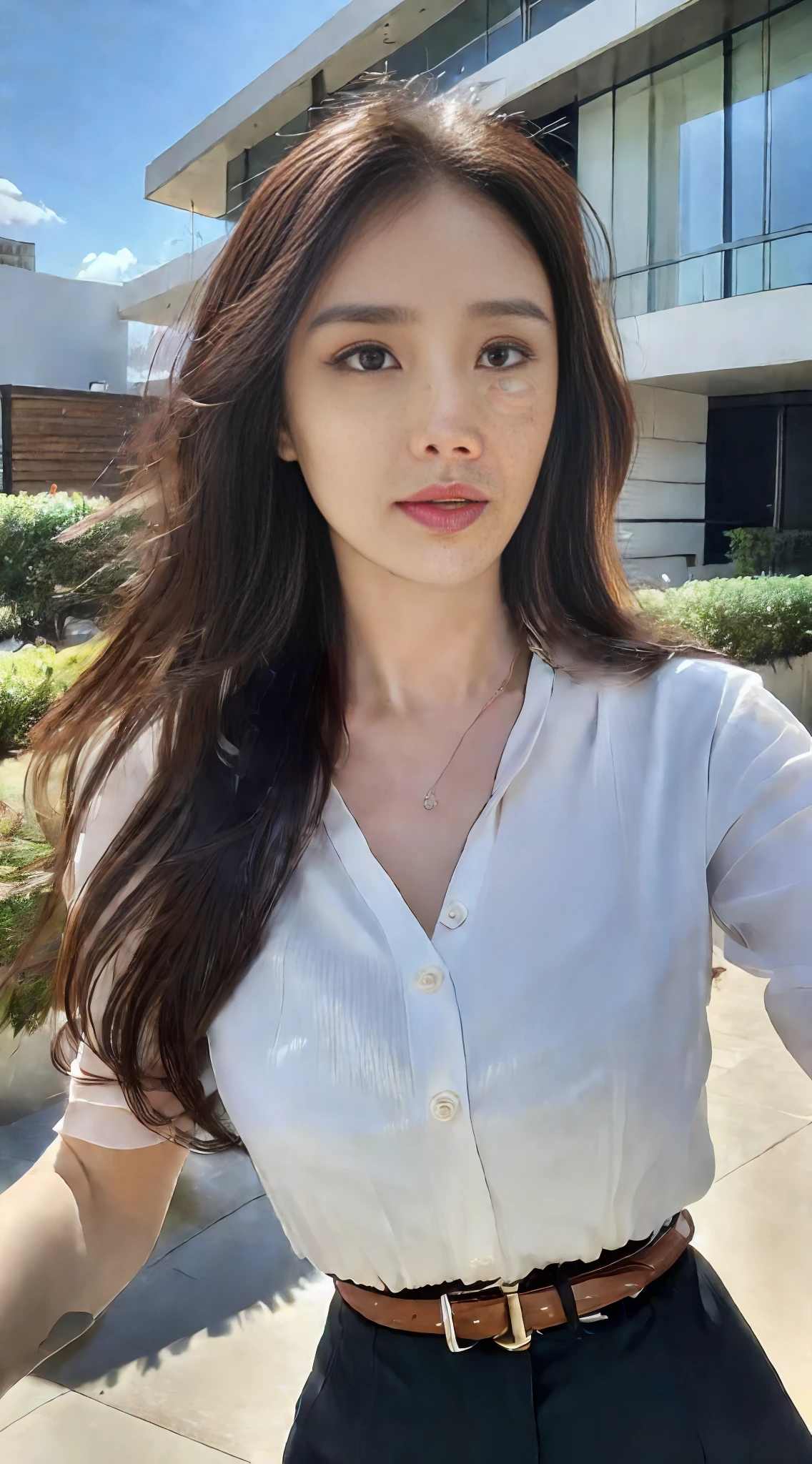 (Best quality, High resolution, Masterpiece :1.3), A tall and pretty woman, Slender abs, Dark brown hair styled in loose waves, Breasts, Wearing pendant, White button up shirt, Belt, Black skirt, (Modern architecture in background), Details exquisitely rendered in the face and skin texture, Detailed eyes, Double eyelid