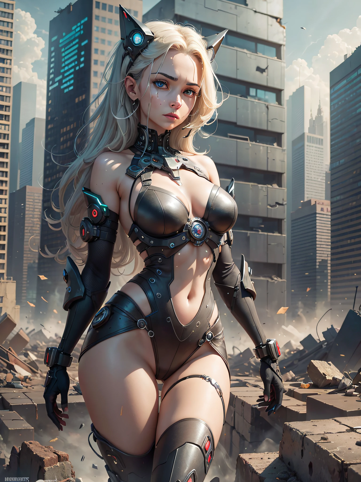 A mysterious woman emerges in a dystopian and confusing setting. Her body is made up of watch guest parts, merging perfectly with her skin. Each gear rotates continuously, creating a constant mechanical motion. It is surrounded by a chaotic landscape, with collapsed buildings, streets littered with debris and a soaring sky. The expression on his face is enigmatic, reflecting the duality between humanity and technology. --auto --s2