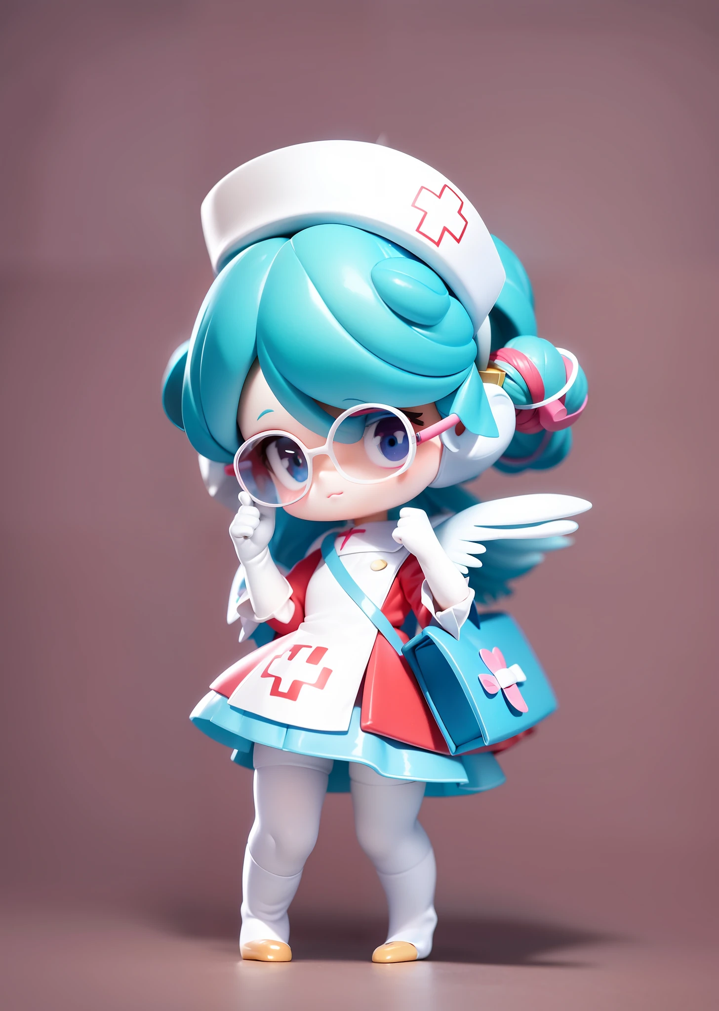 (Digital painting), (C4D), delicate material, a doll of a girl wearing a nurse's hat, light blue hair, white skirt, chicken mouth, with a frame, white feathers on the face and arms, white wings on the back, carrying a white nurse bag, the overall color scheme is white, no blue