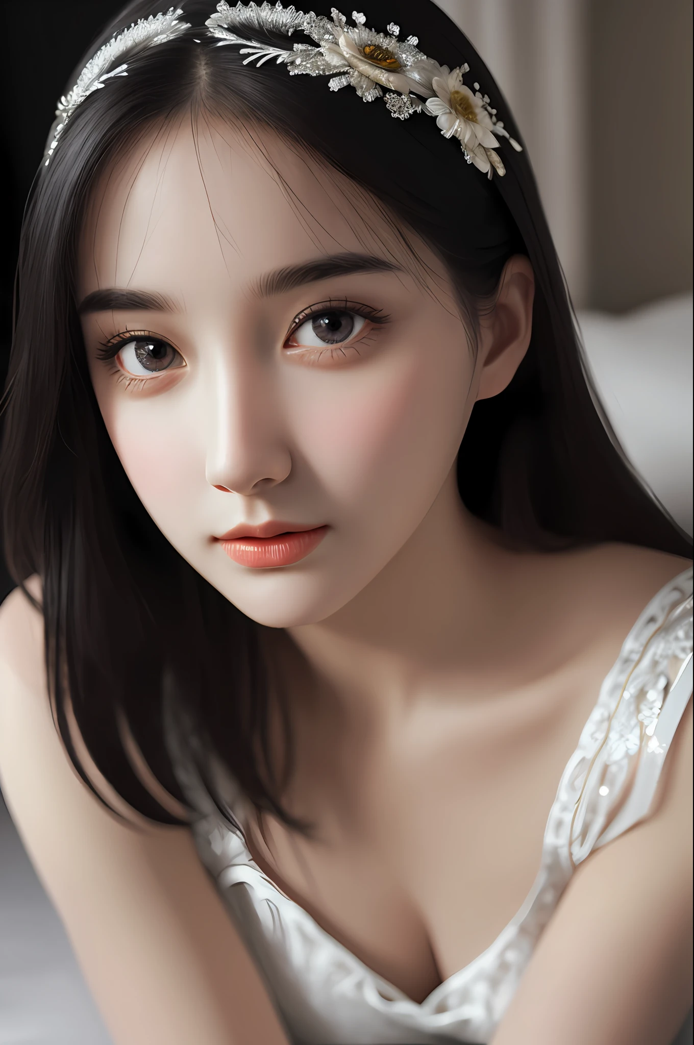 Very detailed eyes, very detailed face, very beautiful woman, best quality, super detailed (photorealistic), very delicate and beautiful legs, beautiful black eyes, absurdity, very detailed facial expression, professional illustration, shy, late teens or so