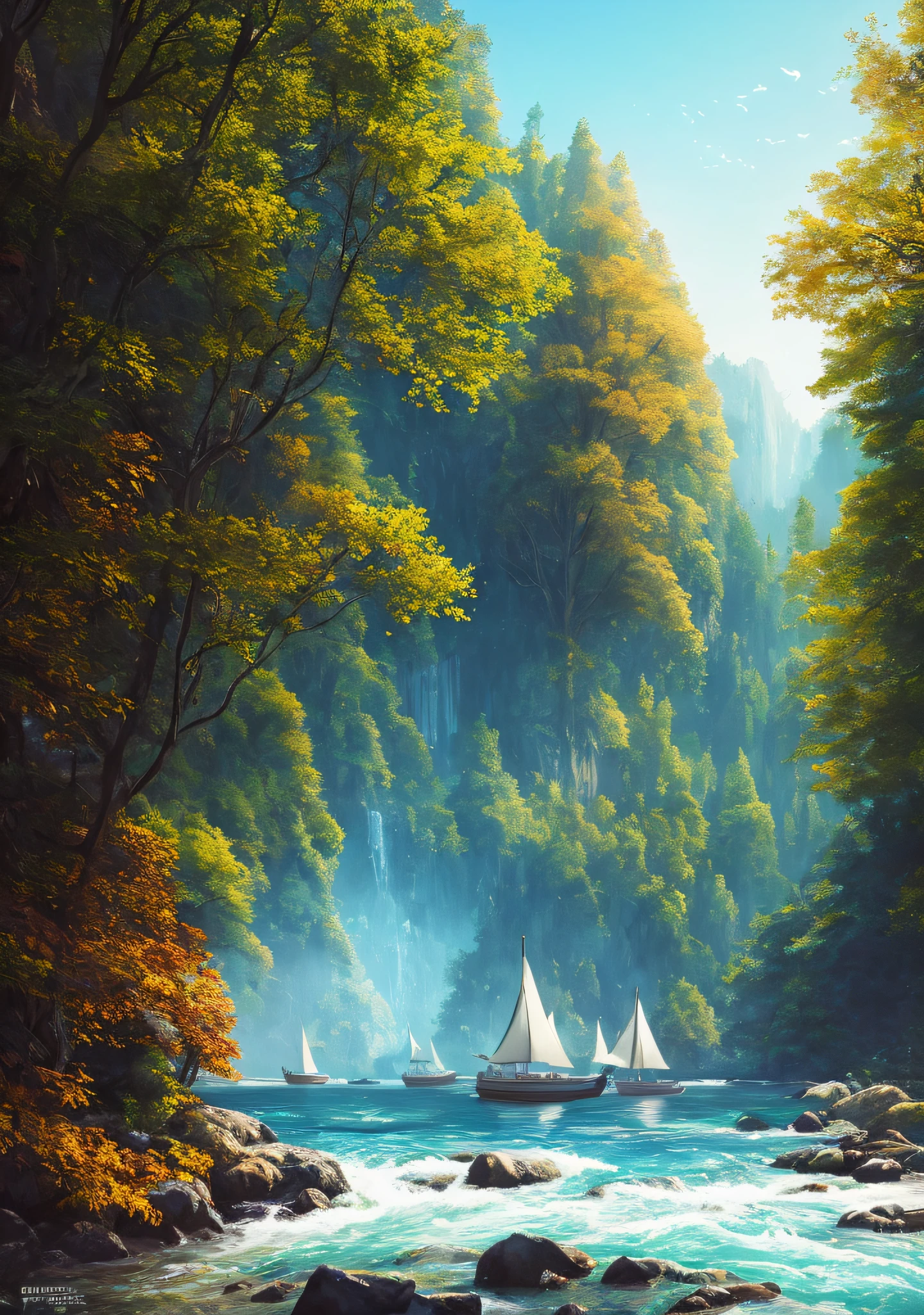 masterpiece, best quality, high quality,extremely detailed CG unity 8k wallpaper, An enchanting and dreamy scene of aa large sailboat on a narrow river in fantasy forest, with towering trees, hidden fairy glens, creating a sense of mystique and enchantment, artstation, intricate, trending, award winning photography, Bokeh, Depth of Field, HDR, bloom, Chromatic Aberration ,Photorealistic,extremely detailed, trending on artstation, trending on CGsociety, Intricate, High Detail, dramatic, art by midjourney