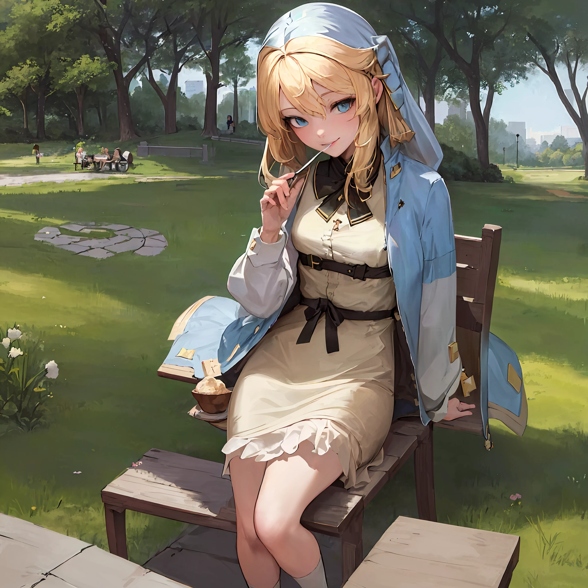 masterpiece, Best quality, 1girl, Beautiful, Fine, Delicate, Very complex, Detailed, Blonde hair, Jacket, Blue eyes, ((Masterpiece)), Very detailed, Best quality, High resolution, ((In the park)), Bridget, Smile,Eating parfait