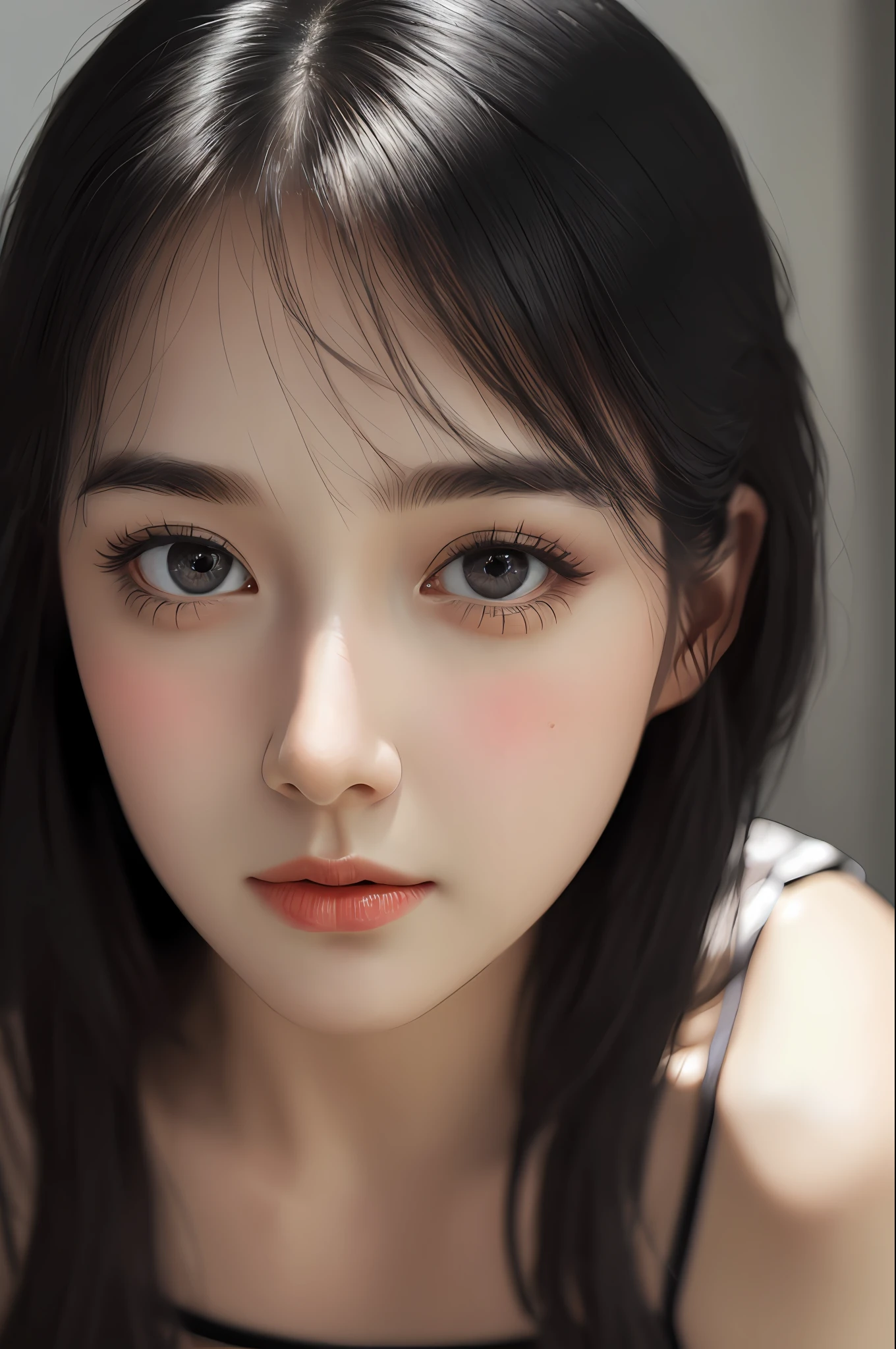 Very detailed eyes, very detailed face, very beautiful woman, best quality, super detailed (photorealistic), very delicate and beautiful legs, beautiful black eyes, absurdity, very detailed facial expression, professional illustration, shy, late s or so