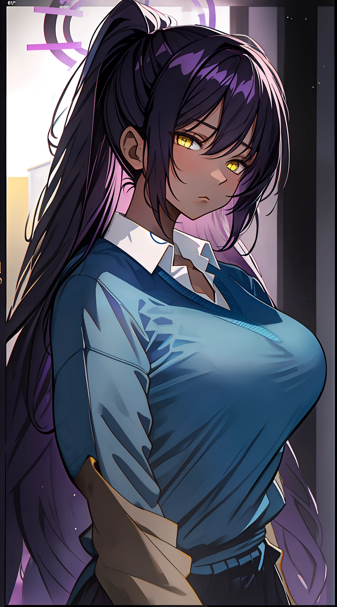 Woman, Karin (Blue Archive), one woman, glaring, brown skin, blush, black hair, purple hair, long hair, straight hair, yellow eyes, ponytail, school uniform, blue sweater, white collar shirt, standing figure, halo,