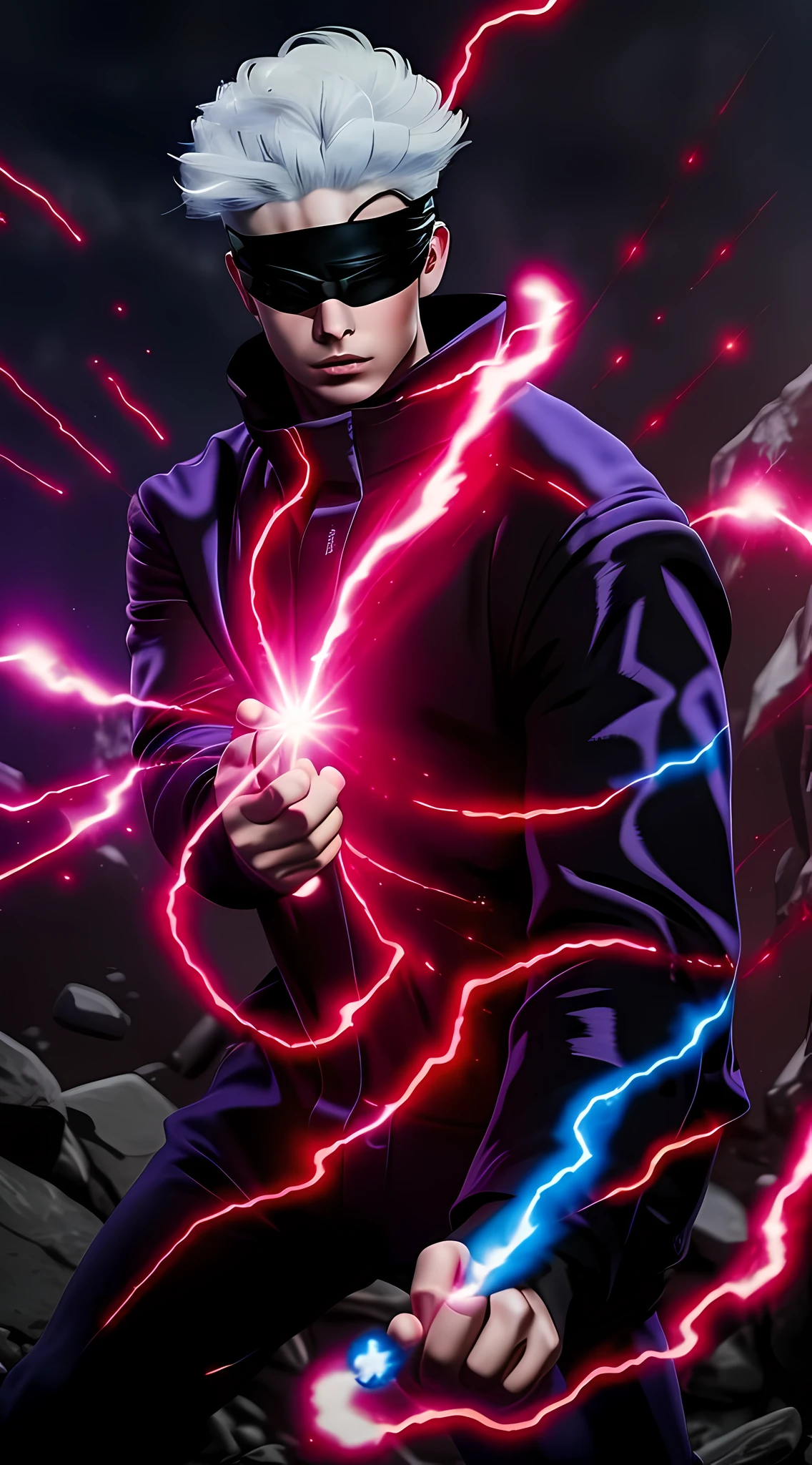 best quality, masterpiece, highres, 1boy, male, solo, upper body, blindfold, black jacket, using his powers, white hair, full body, sending a ball of red and blue energy, (perfect anatomy).