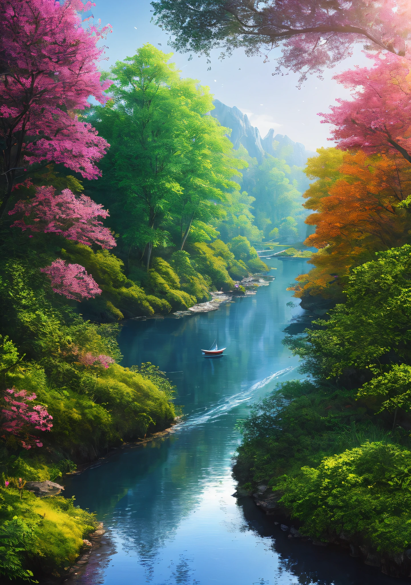 masterpiece, best quality, high quality,extremely detailed CG unity 8k wallpaper, An enchanting and dreamy scene of  aa large sailboat on a narrow river in fantasy forest, with towering trees, hidden fairy glens, creating a sense of mystique and enchantment, artstation, intricate, trending, award winning photography, Bokeh, Depth of Field, HDR, bloom, Chromatic Aberration ,Photorealistic,extremely detailed, trending on artstation, trending on CGsociety, Intricate, High Detail, dramatic, art by midjourney