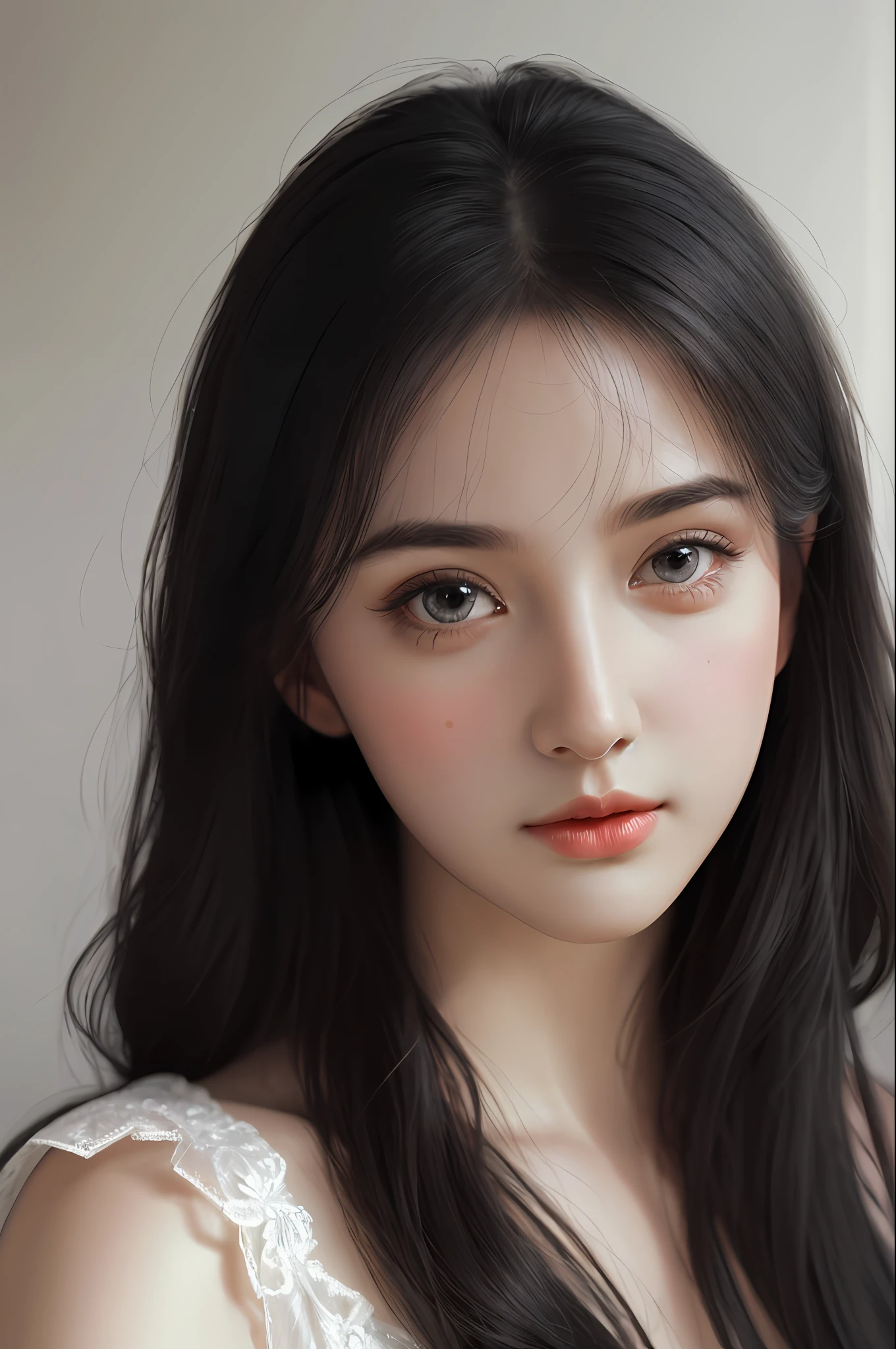 Very detailed eyes, very detailed face, very beautiful woman, best quality, super detailed (photorealistic), very delicate and beautiful legs, beautiful black eyes, absurdity, very detailed facial expression, professional illustration, shy, late teens or so