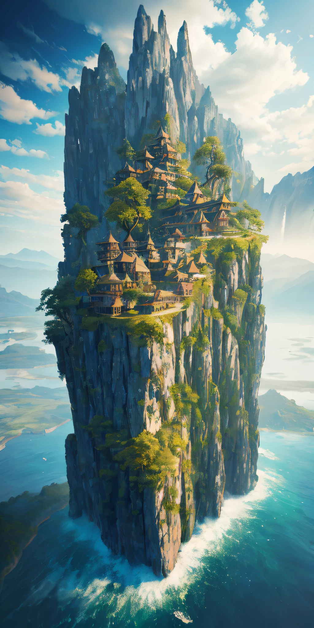 Masterpiece, best quality, high quality, extremely detailed CG unity 8k wallpaper, landscape, outdoor, sky, cloud, sky, no humans, mountain, landscape, water, tree, blue sky, waterfall, cliff, nature, lake, river , cloudy skies, award winning photography, bokeh, depth of field, HDR, bloom, chromatic aberration, photorealism, very detailed, trending on artstation, trending on CGsociety, intricate, high detail, dramatic, midjourney art