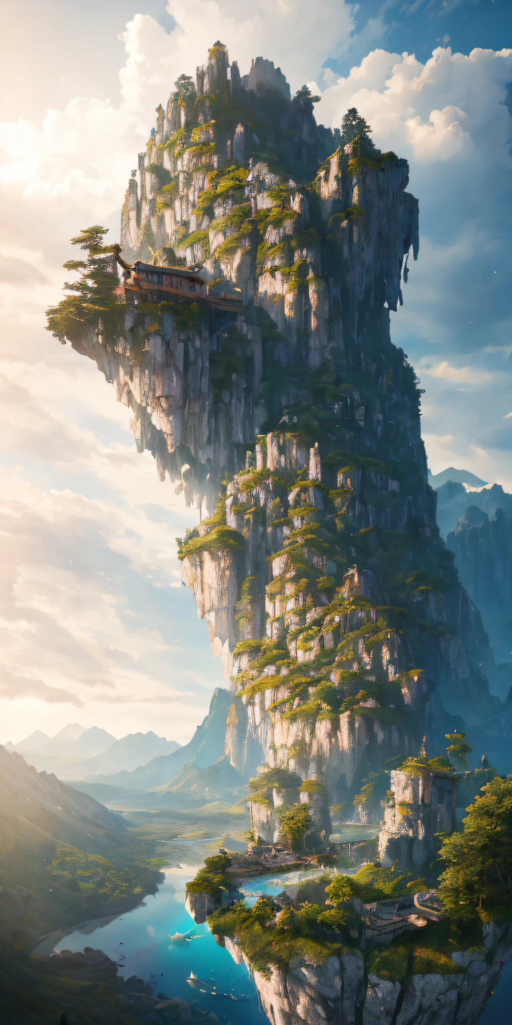 Masterpiece, best quality, high quality, extremely detailed CG unity 8k wallpaper, landscape, outdoor, sky, cloud, sky, no humans, mountain, landscape, water, tree, blue sky, waterfall, cliff, nature, lake, river , cloudy skies, award winning photography, bokeh, depth of field, HDR, bloom, chromatic aberration, photorealism, very detailed, trending on artstation, trending on CGsociety, intricate, high detail, dramatic, midjourney art