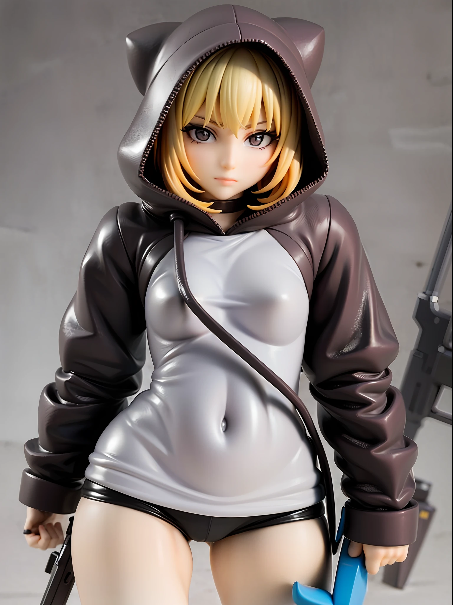 Girl, wearing a hood, neon color, holding a weapon, machine, white background, no background,