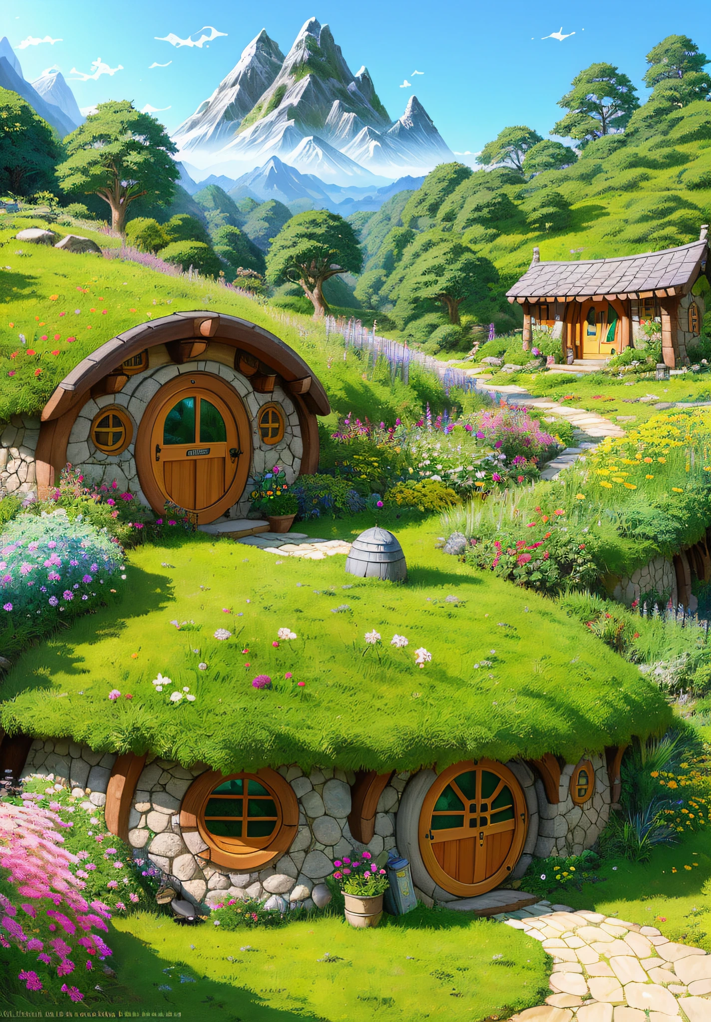 Realistic, real life, beautiful hobbit house on the hill, laurie graceley style, studio ghibli, akira toriyama, james gilard, genshin influence, popular pixiv fanbox , acrylic palette knife, 4k, vibrant colors, devinart, trends on artstation