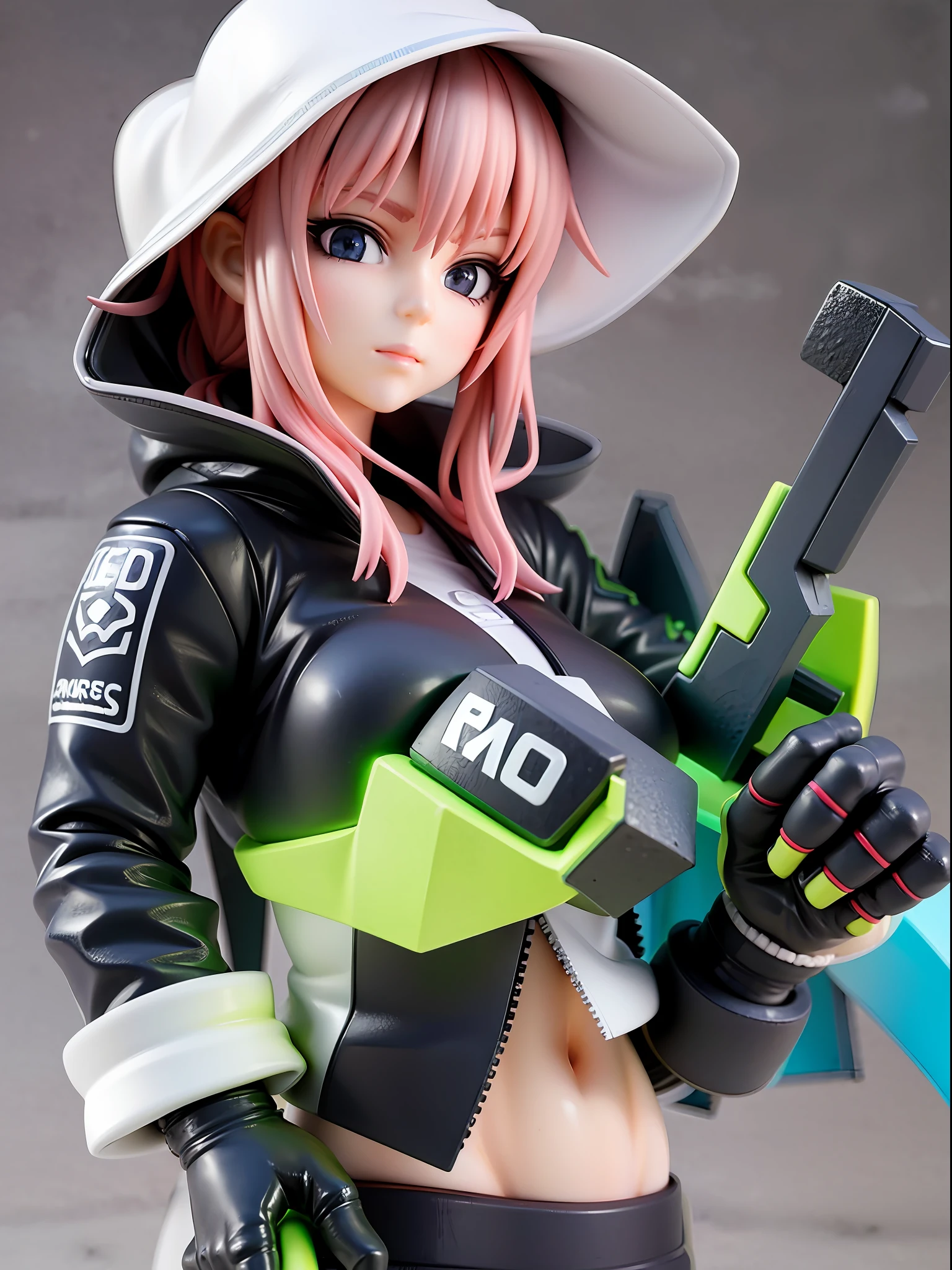 Girl, wearing a hood, neon color, holding a weapon, machine, white background, no background,