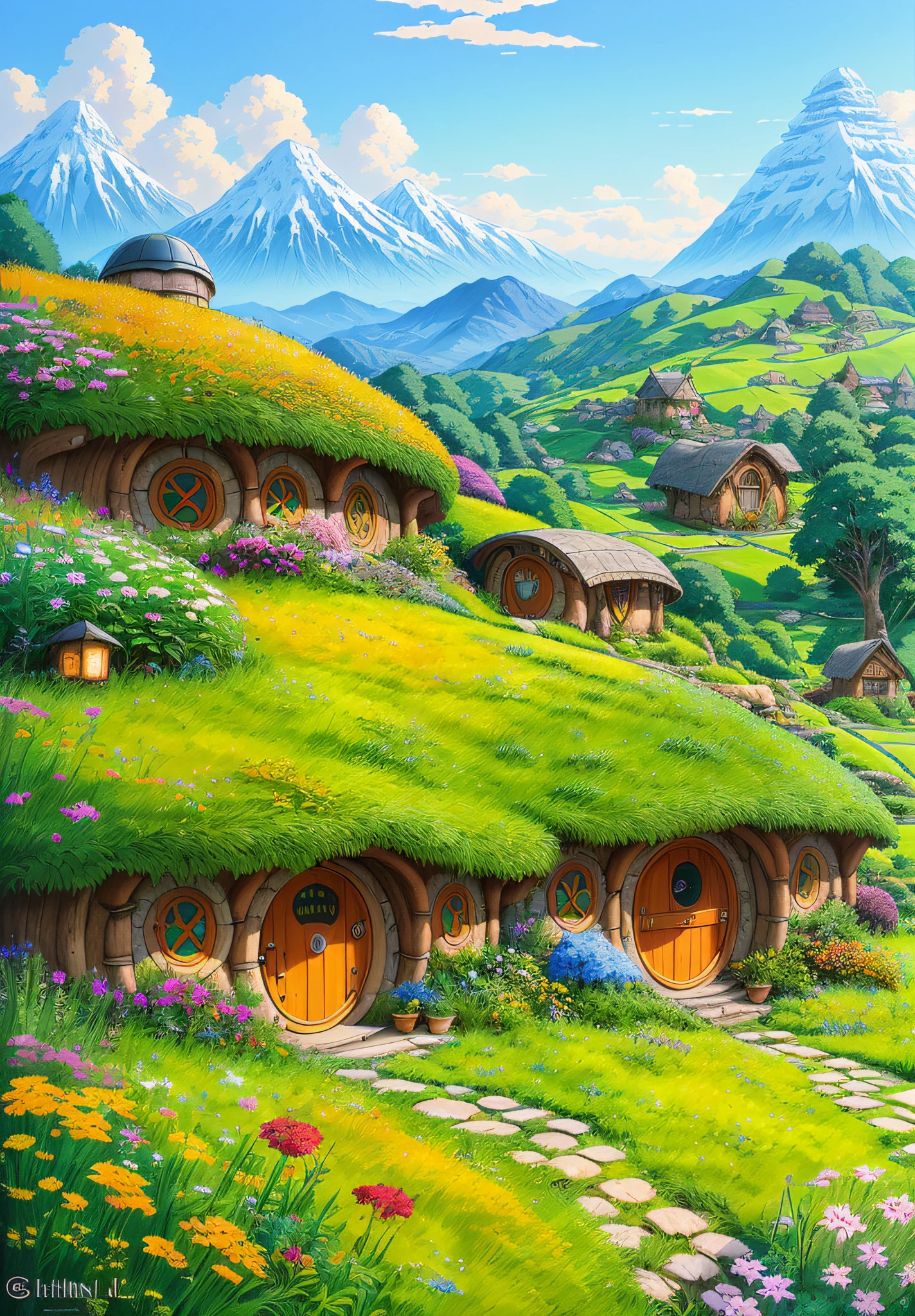 Realistic, real life, beautiful hobbit house on the hill, laurie graceley style, studio ghibli, akira toriyama, james gilard, genshin influence, popular pixiv fanbox , acrylic palette knife, 4k, vibrant colors, devinart, trends on artstation
