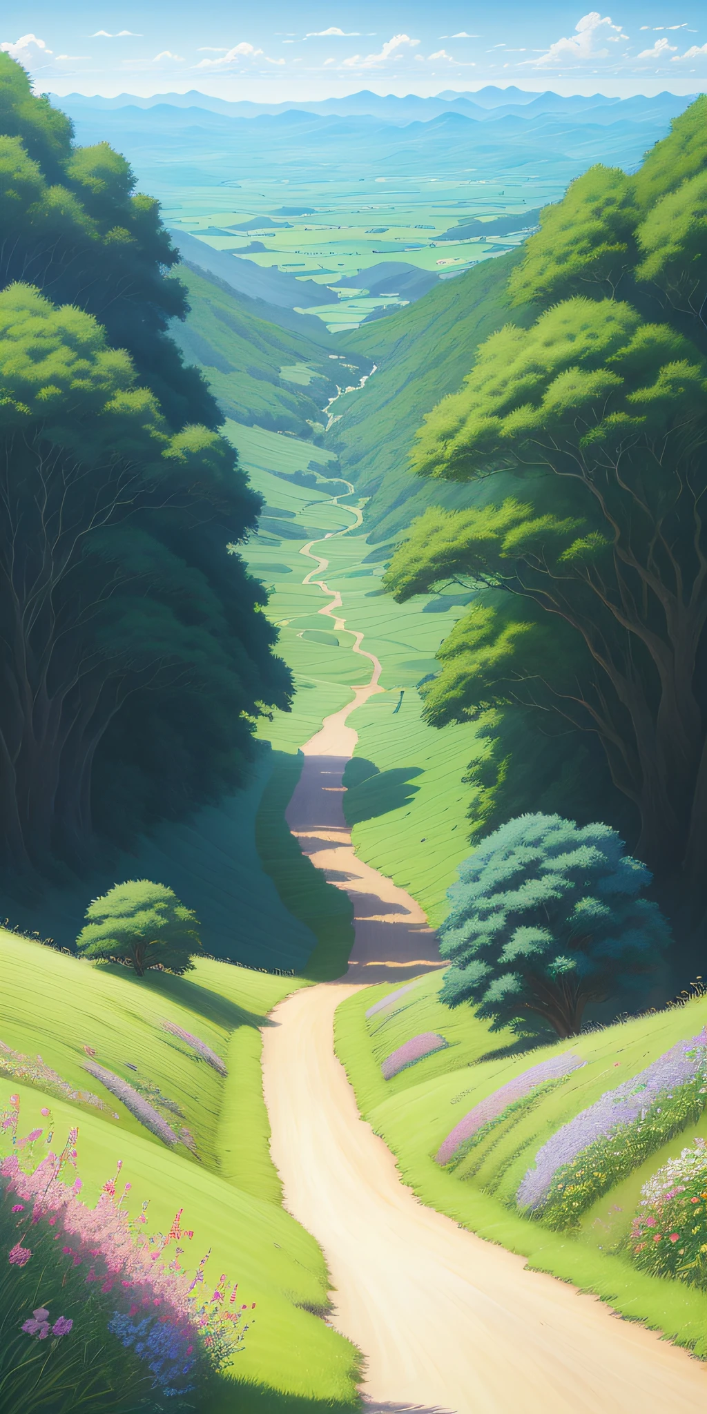Realistic, real, beautiful and stunning landscape oil painting Studio Ghibli Hayao Miyazaki Petals Grassland Blue Sky Grassland Country Road --v6