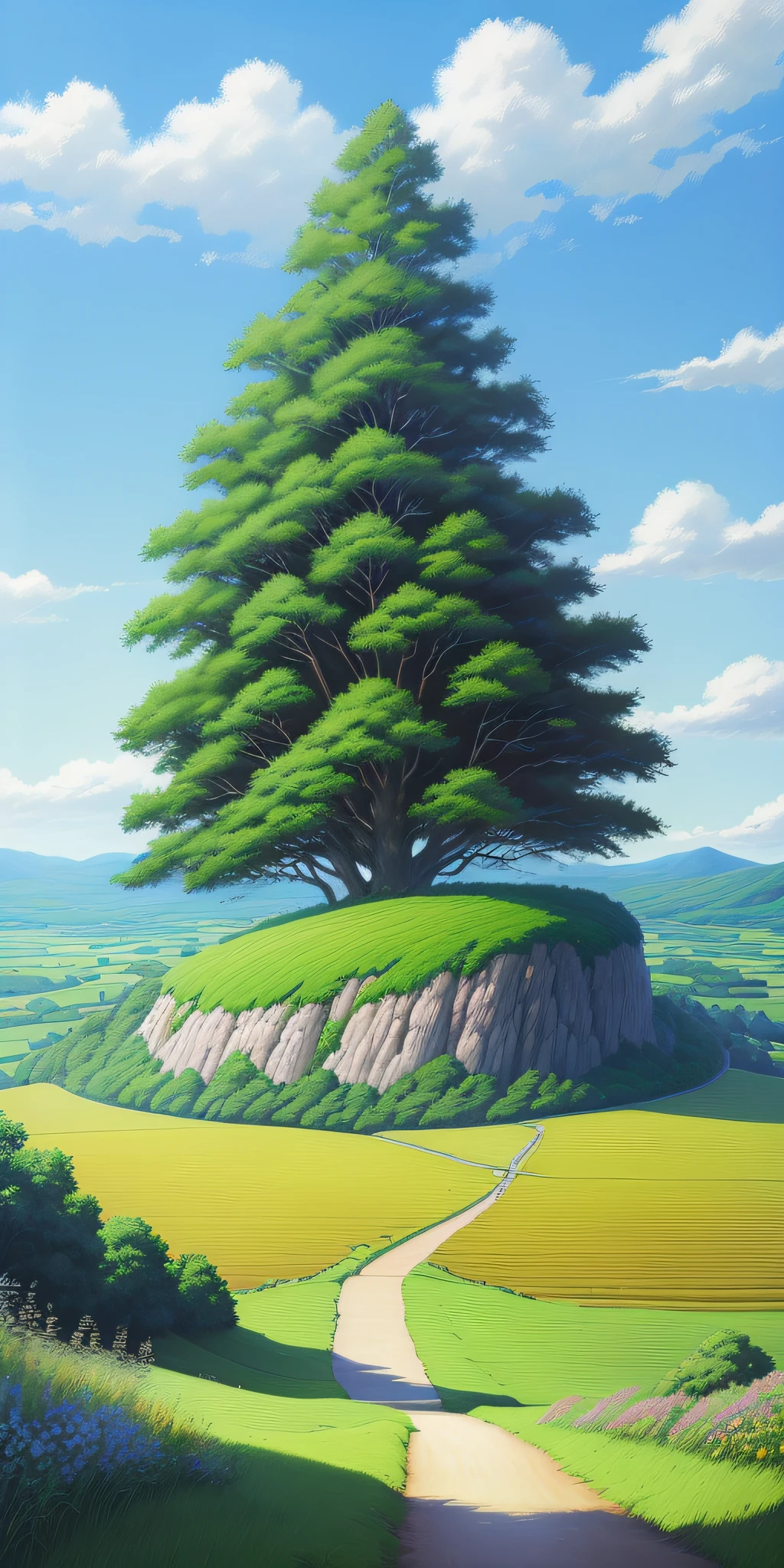 Realistic, real, beautiful and stunning landscape oil painting Studio Ghibli Hayao Miyazaki Petals Grassland Blue Sky Grassland Country Road --v6