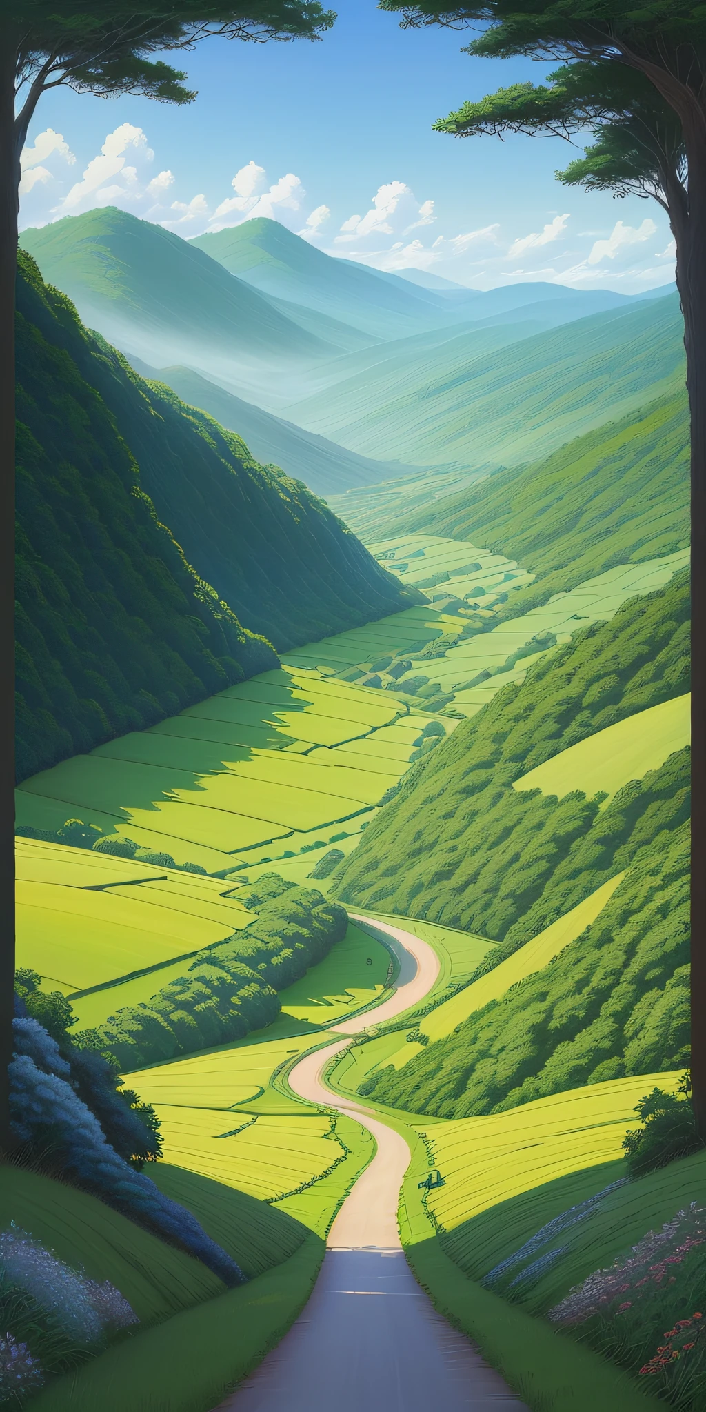 Realistic, real, beautiful and stunning landscape oil painting Studio Ghibli Hayao Miyazaki Petals Grassland Blue Sky Grassland Country Road --v6
