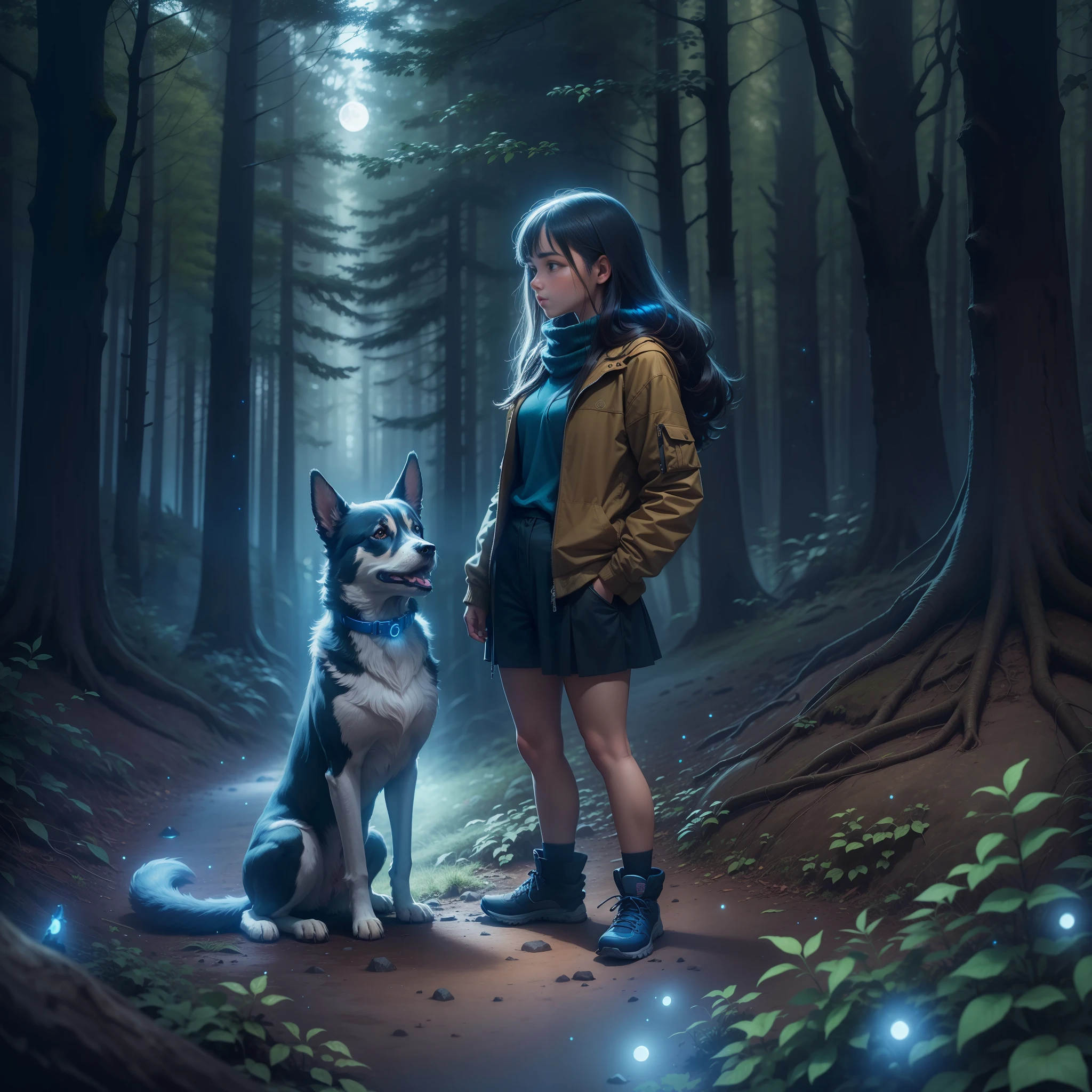 teenage girl and her dog, amidst the woods, standing on an ancient rock, perfect body, beautiful face ,night, blue moon, dense forest, ultra high quality, fireflies, magical, mysterious, love, romantic, blue moon, photo realistic, silhouette, ultra hd, fireflies in the background,