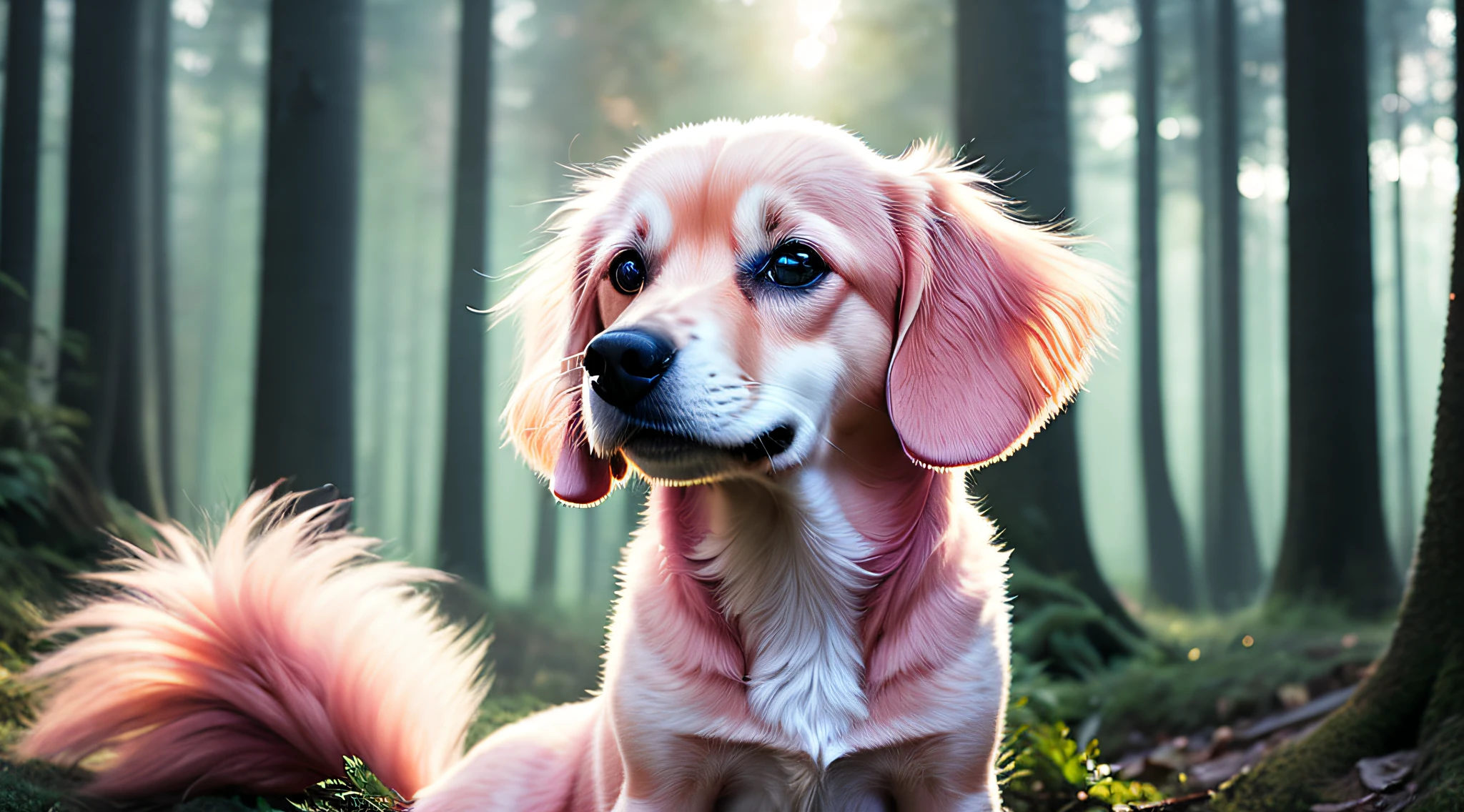 Close-up photo of a very cute pink dog in the woods, pink, soft volumetric lighting, (backlight: 1.3), (video: 1.2), intricate detail, (ArtStation: 1.3), rutkowski, smile,