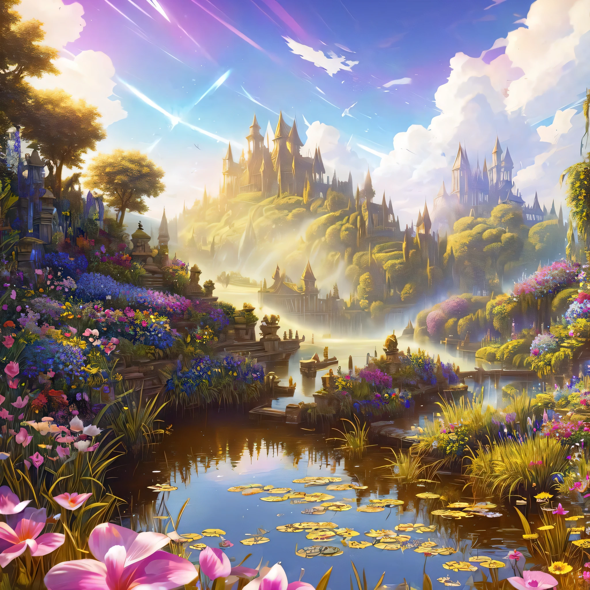artstation style illustration, dark fantasy landscape, flower petals, lake, hedge in background, reflections, ruins, best quality, masterpiece, lens flare , high contrast, saturated colors, Style-Glorious