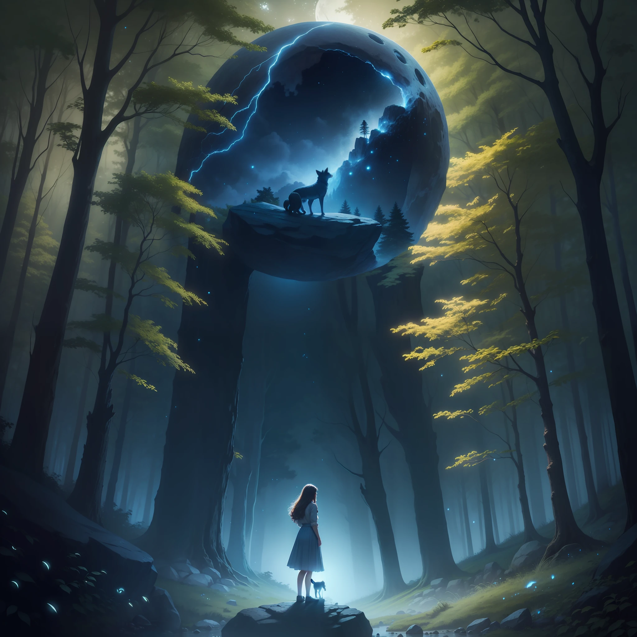teenage girl and her dog, amidst the woods, standing on an ancient rock, perfect body, beautiful face ,night, blue moon, dense forest, ultra high quality, fireflies, magical, mysterious, love, romantic, blue moon, photo realistic, silhouette, ultra hd, fireflies in the background,