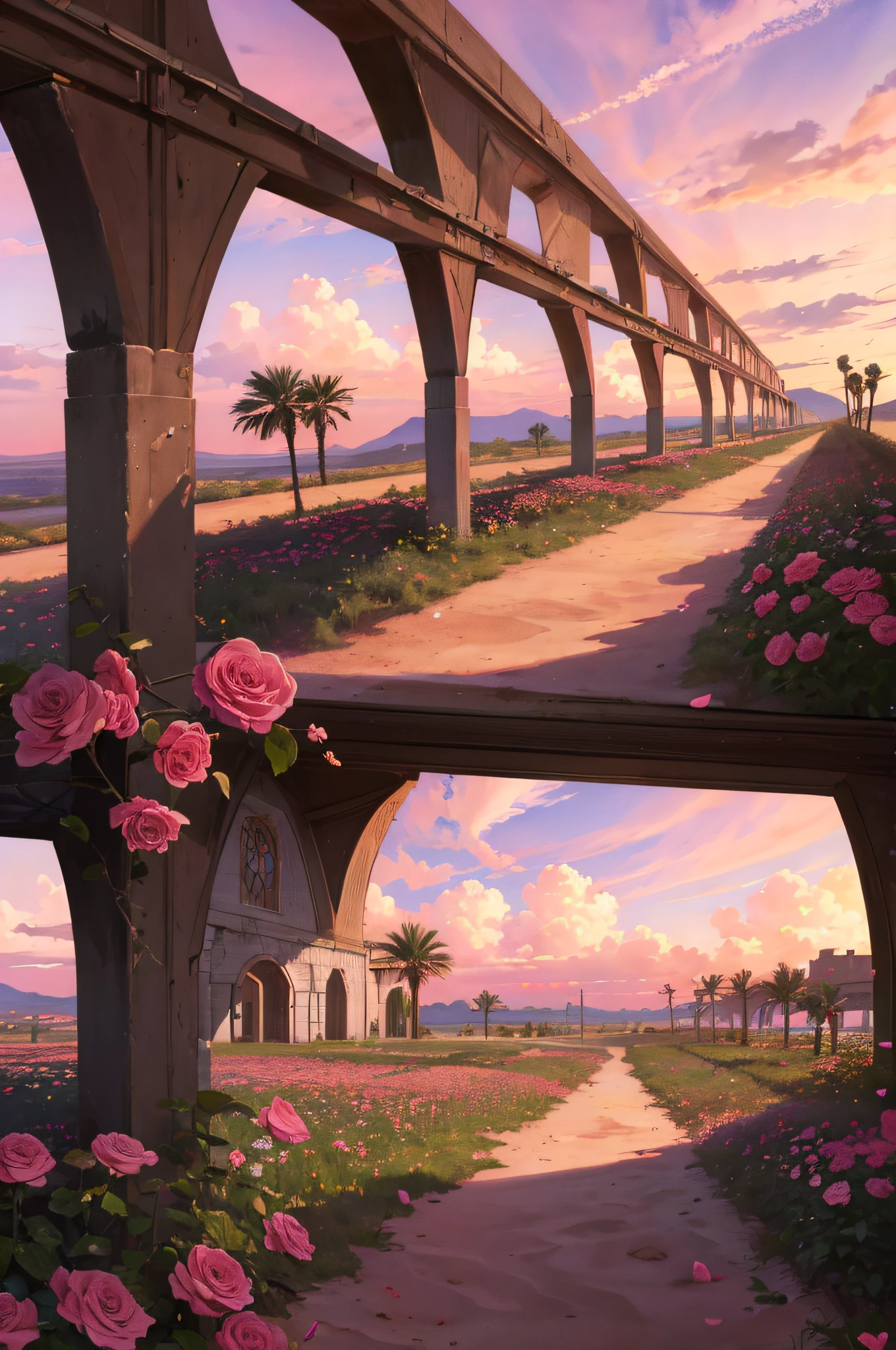 Summer, desert, pink clouds, a land overgrown with roses, James Gurney, art station rendering, ultra-wide lens, high definition