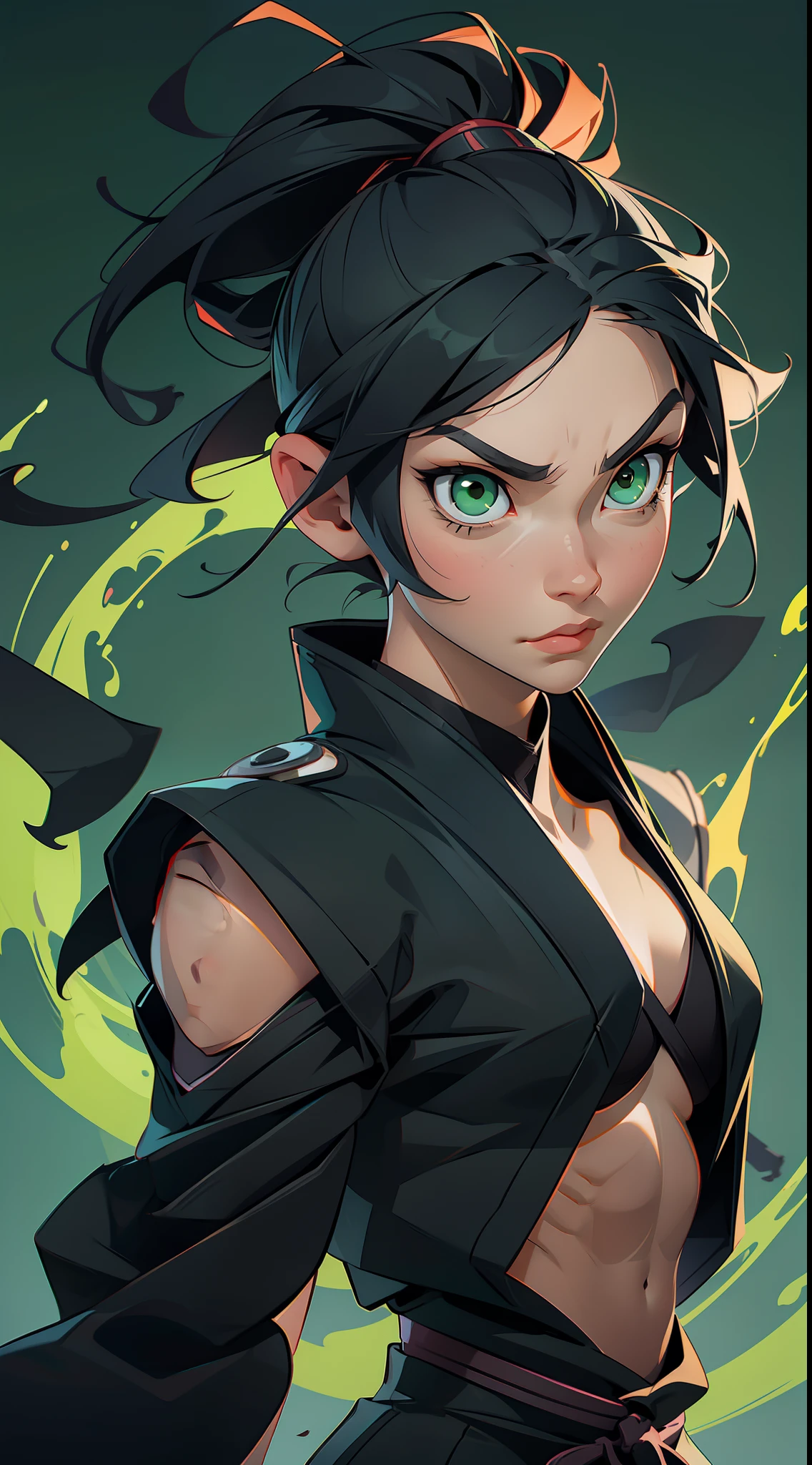 female ninja, pretty face, serious face, green eyes, short black hair, wearing a ninja mask, perfect body, fit body, abs, muscular, in a Japanese temple