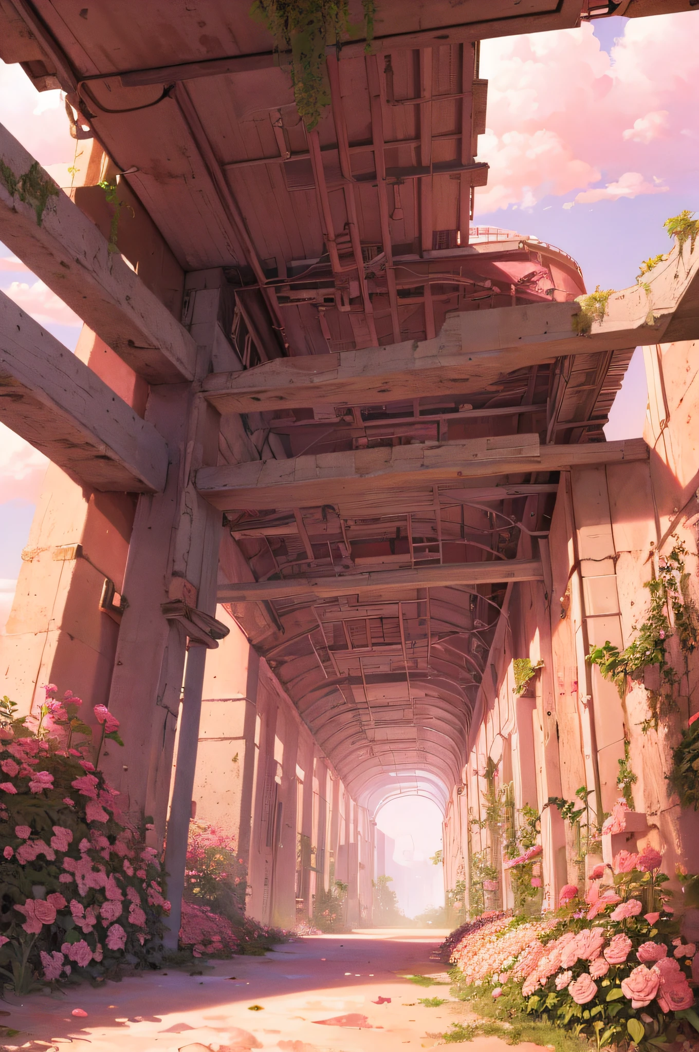Summer, desert, pink clouds, a land overgrown with roses, James Gurney, art station rendering, ultra-wide lens, high definition