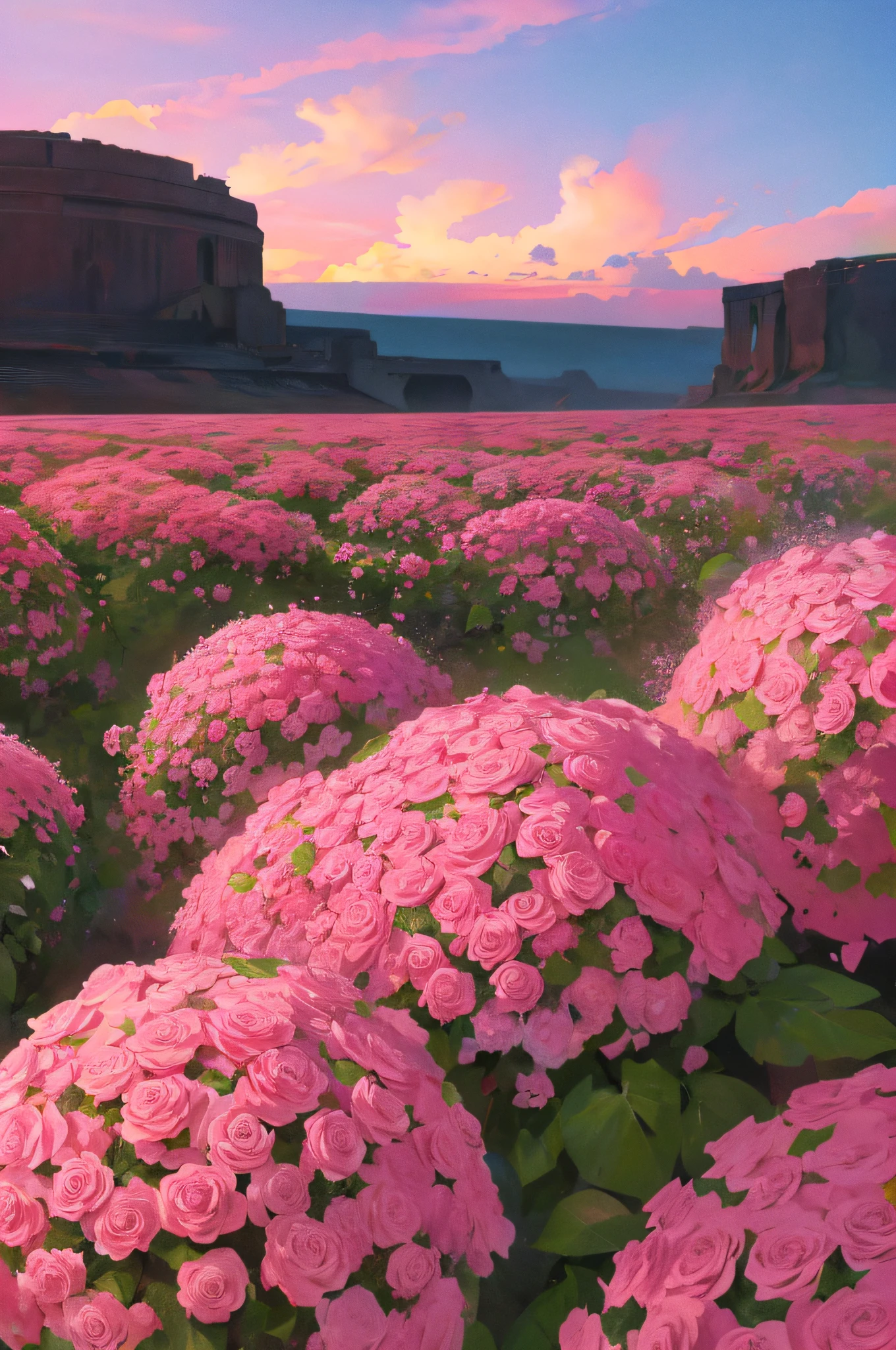 Summer, desert, pink clouds, a land overgrown with roses, James Gurney, art station rendering, ultra-wide lens, high definition