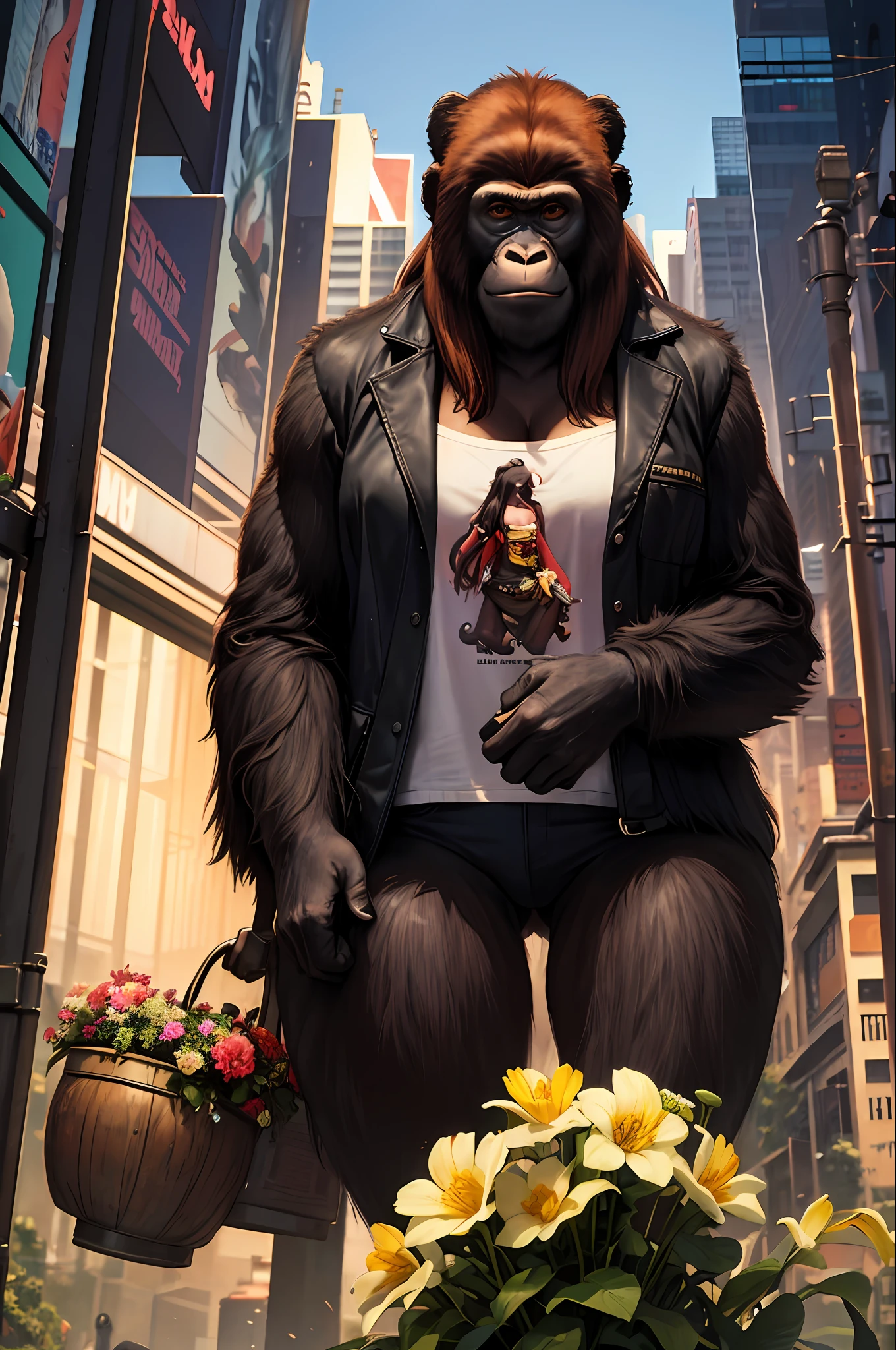 Masterpiece, best quality, realistic , thick monkey, female gorilla, orangutan head, blur, cable, flower picking in the wild, cyberpunk, wearing a long wig and clothes, flowers in hand, solo,