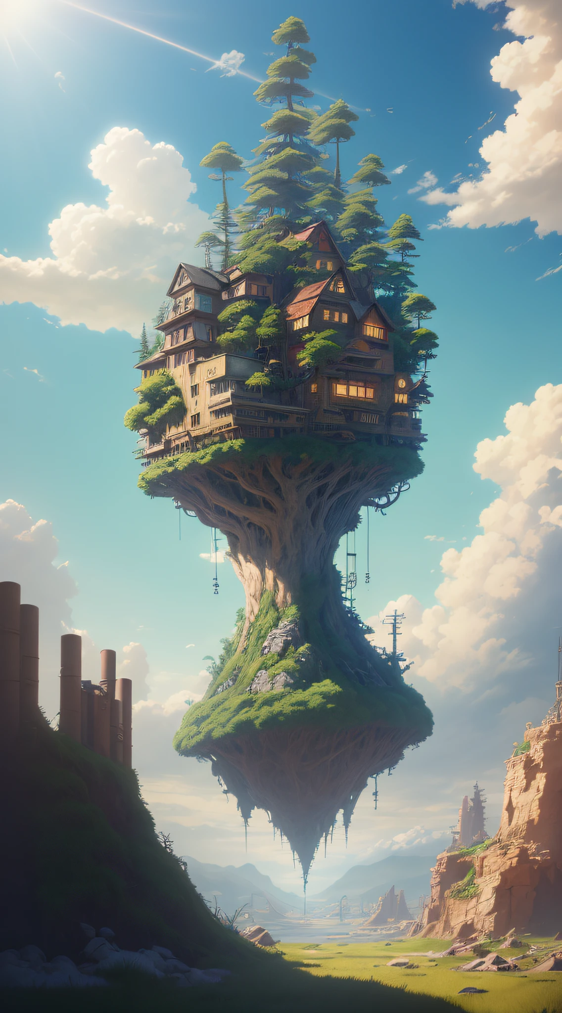 (((Laputa))), floating in ((air)), Hayao Miyazaki style, Studio Ghibli, Unreal Engine 5, ((clouds)), ((sunlight)), ultra-detailed, most Good picture quality.